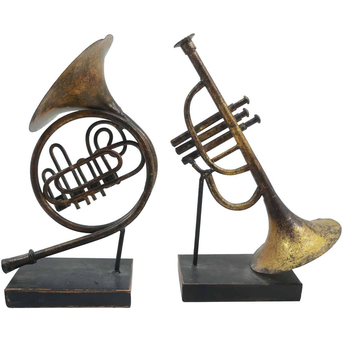 Metal Trumpet and French Horn Bookends: Metal Trumpet and French Horn Bookends. size: 10.5 in. x 6.5 in.