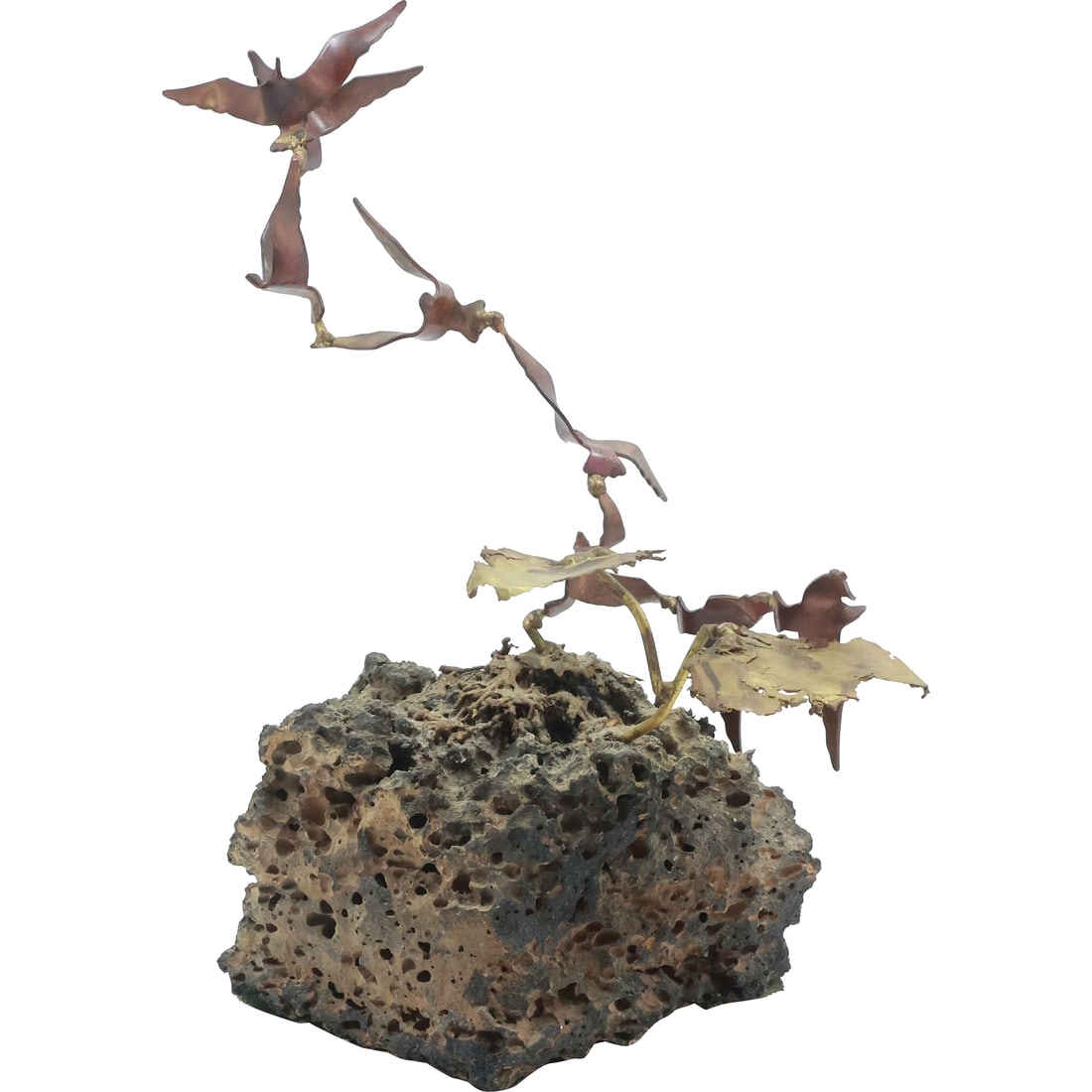 Mid-Century Modern Metal Sculpture Birds in Flight Mounted on Base 8.75 in. height: Mid-Century Modern Metal Sculpture Birds in Flight Mounted on Base 8.75 in. height. size: 8.75 in. x 6 in.