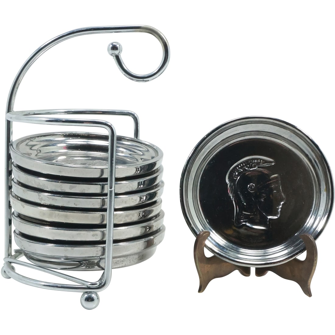 7 Mid-Century Modern Glass Coasters with Knight Portraits on Chrome Caddy Holder: 7 Mid-Century Modern Glass Coasters with Knight Portraits on Chrome Caddy Holder. size: 6.5x4.25 (rack), .5x4 (7x coasters)