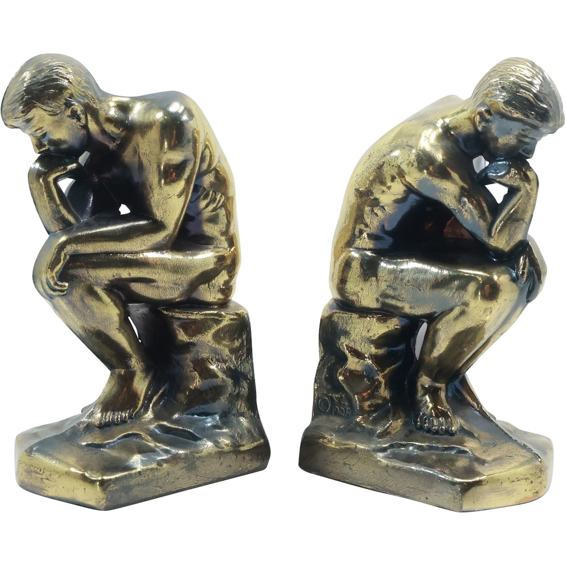 Cast Metal Seated Nude Male Figurative Bookends "The Thinker" 7 in. height: Cast Metal Seated Nude Male Figurative Bookends "The Thinker" 7 in. height. size: 7 in. x 4 in.