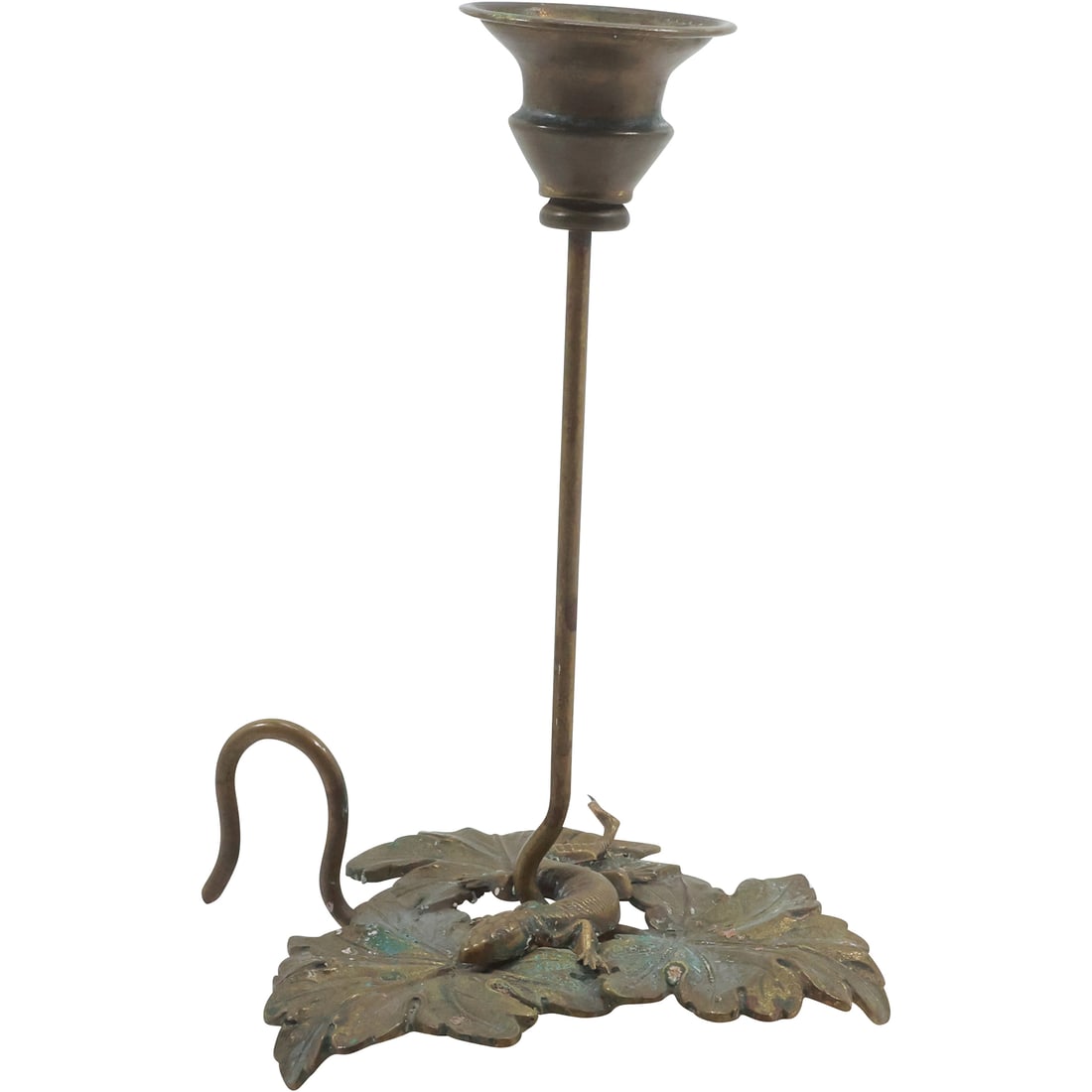 Vintage Brass Chamber Candlestick with Lizard on Lily Pad Base - Original Patina 6.75 in. height (1 of 18)