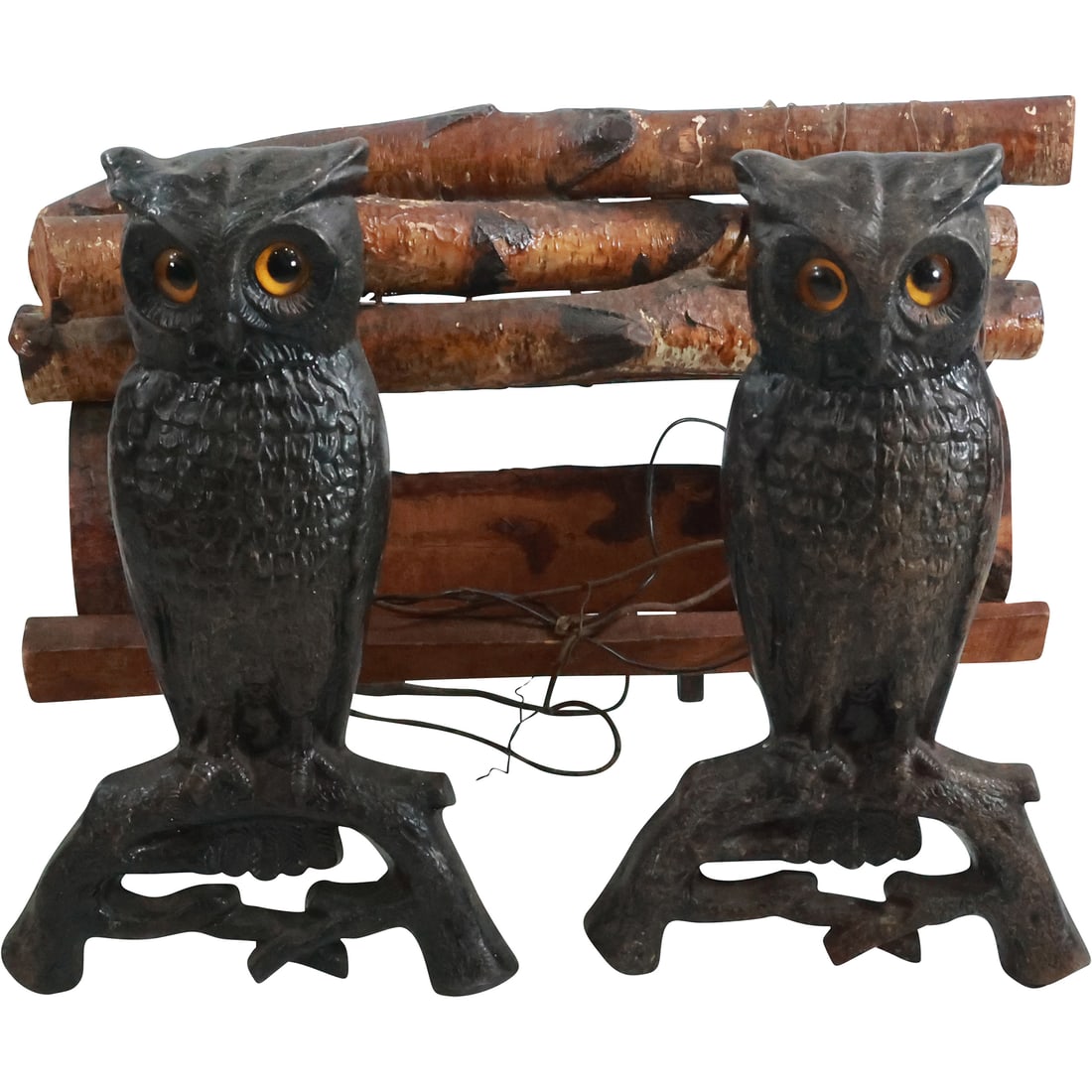Cast Iron  Fireplace Figurative OWL Andirons Light-up Eyes with Faux Logs (1 of 20)