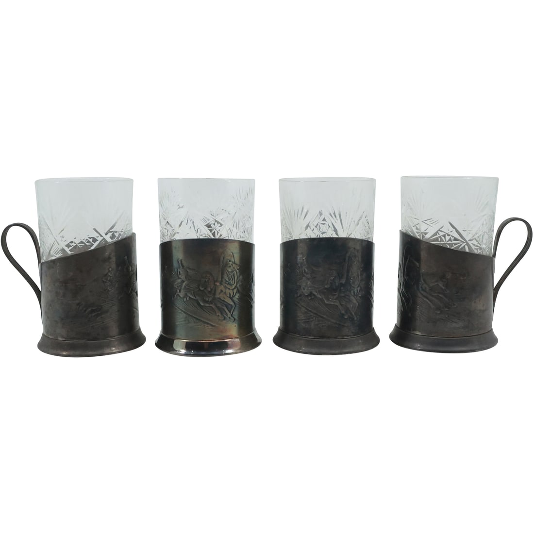 4 Cut Glass Tumblers In Silver Holders With Repose Russian Troika