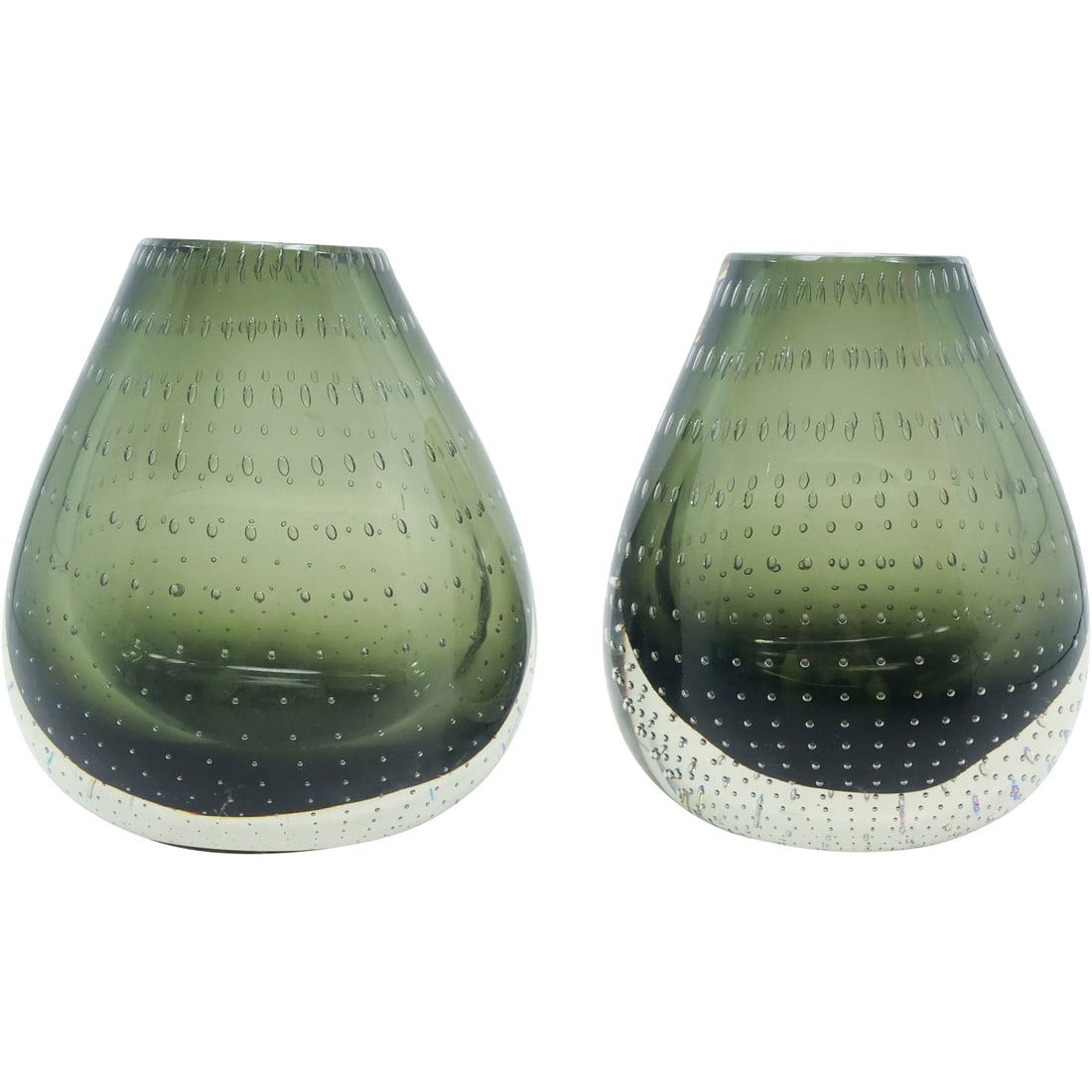 Pair Swedish Green and Crystal Art Glass Controlled Bubbles Vases 5.5 in. x 5 in. (1 of 16)