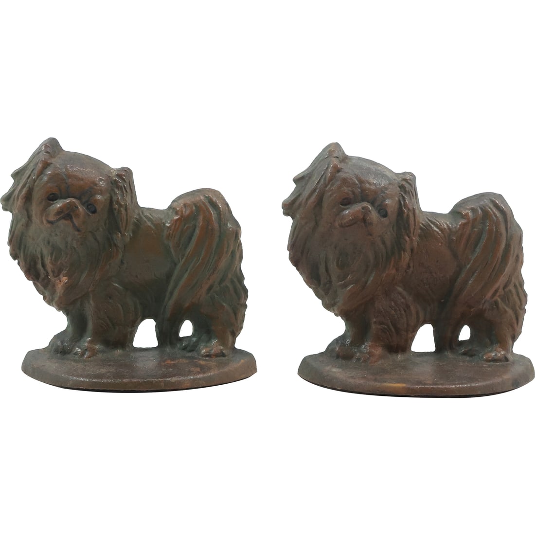 Vintage Cast in Bronze Pekingese Dog Figurative Bookends in Original Patina: Vintage Cast in Bronze Pekingese Dog Figurative Bookends in Original Patina. size: 5 in. x 5 in.