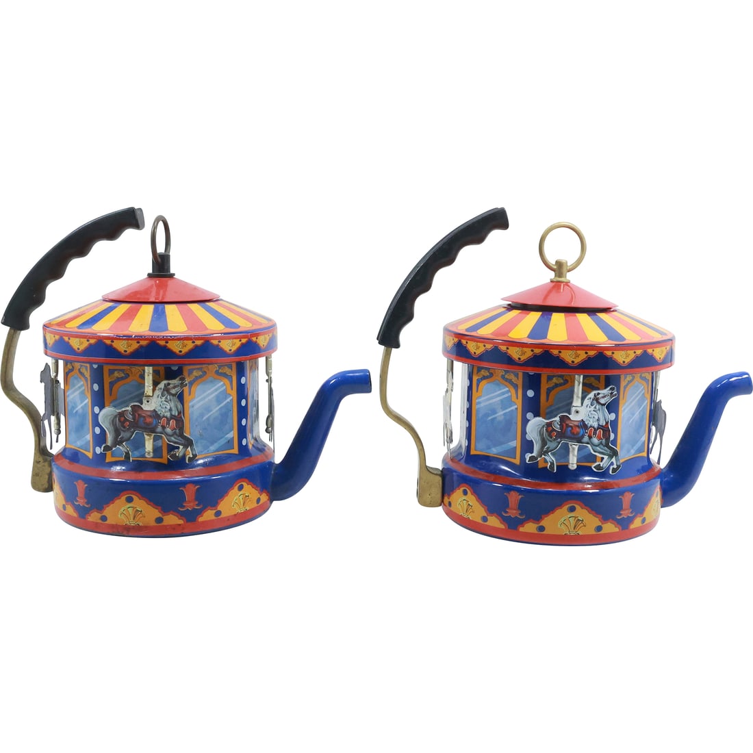 [2] Kamenstein World Of Motion Carousel Tea Kettle Steam Driven, Tin Lithography 10 In. X 11 In