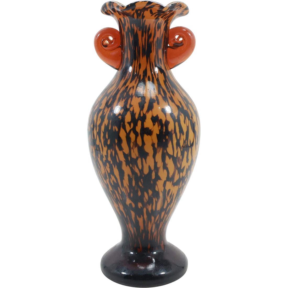 Hand Blown Art Glass Vase Spotted Amber with Fluted Rim and Curled Handles 12 in. height: Hand Blown Art Glass Vase Spotted Amber with Fluted Rim and Curled Handles 12 in. height. size: 12x5