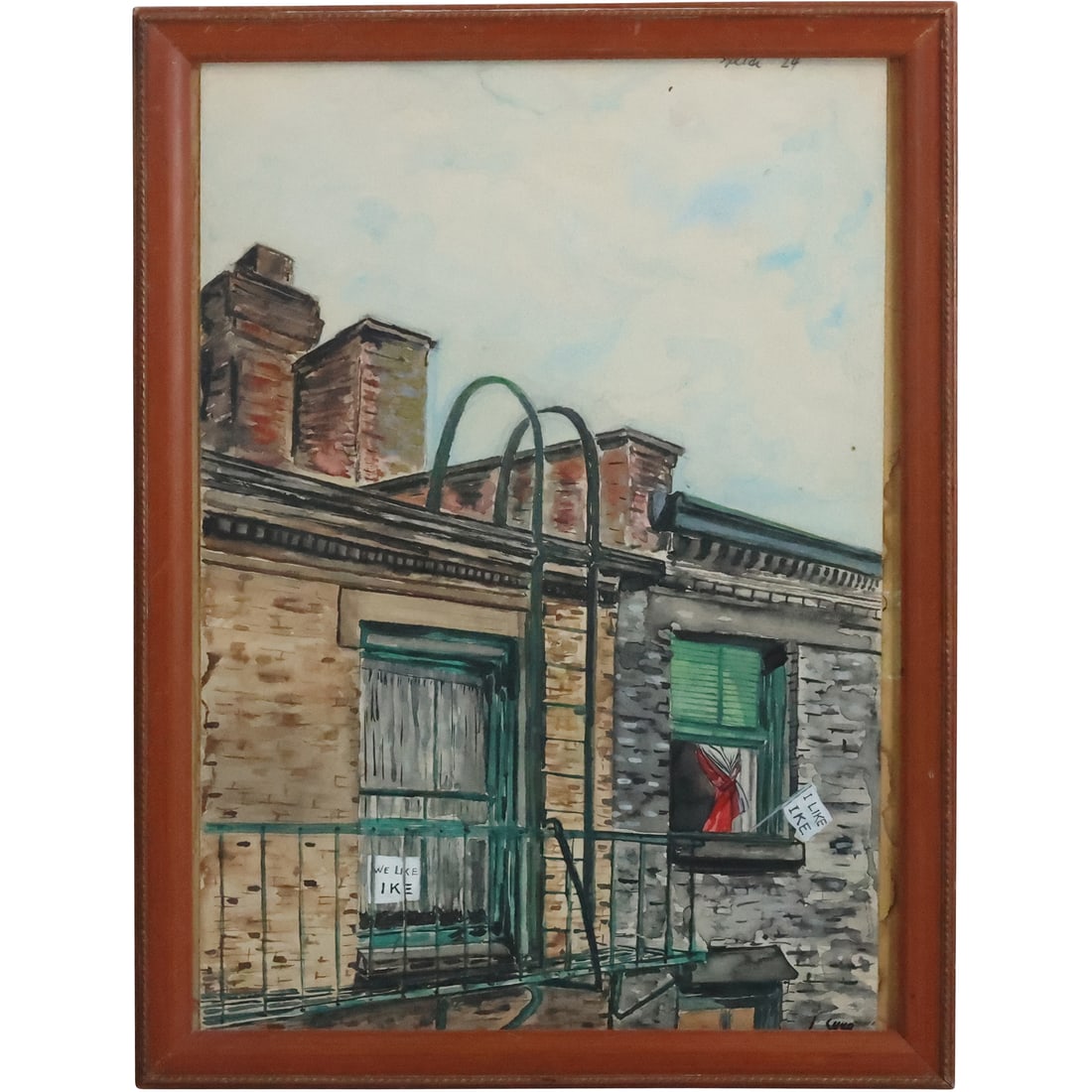 Vintage Watercolor Painting Urban Upper Apartment "I Like IKE" , Artist Signed: Vintage Watercolor Painting Urban Upper Apartment "I Like IKE" , Artist Signed. size: 17.5 x 12.75, 19.25 x 14.5 outside frame