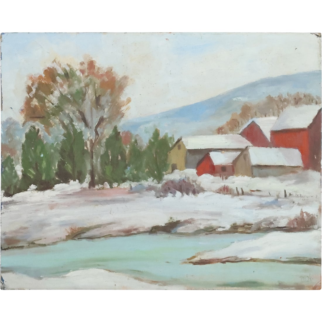 Signed Initials "M.H.", Vintage Oil on Board Painting Rural Farm Landscape in Winter (1 of 20)