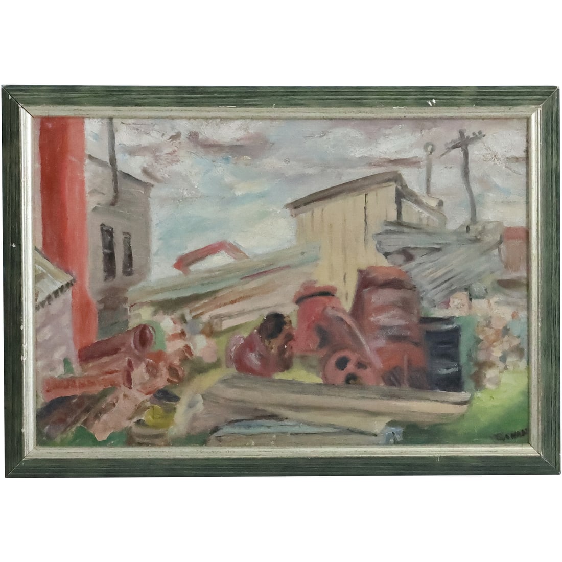 V Ganan, Vintage Oil on Canvas Painting Urban Industrial Signed and Framed: V Ganan, Vintage Oil on Canvas Painting Urban Industrial Signed and Framed. size: 12 x 18, 14 x 20 outside frame