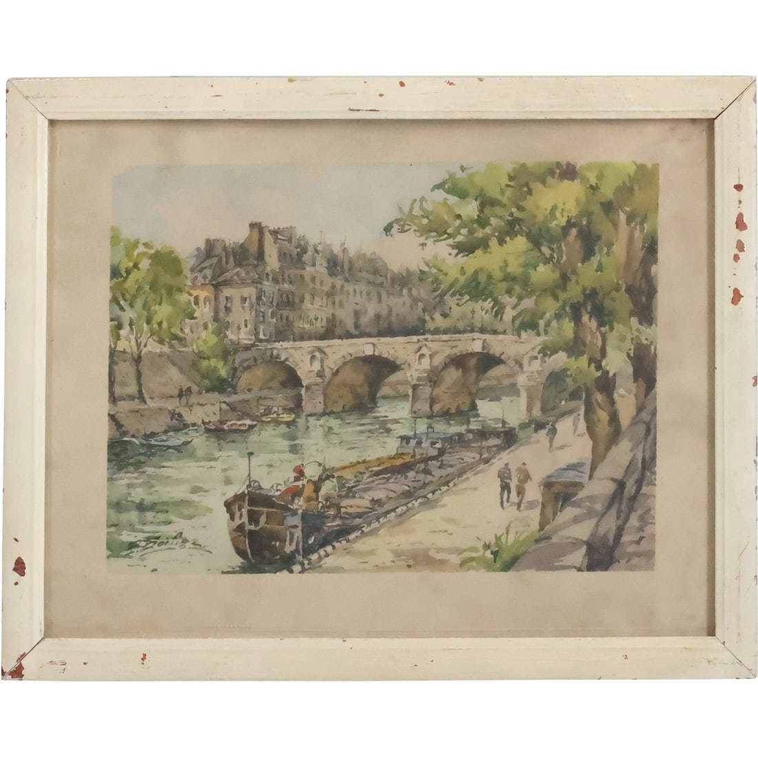Bridge Seine Paris Watercolor Painting, Artist Signed Illegible, Framed (1 of 20)