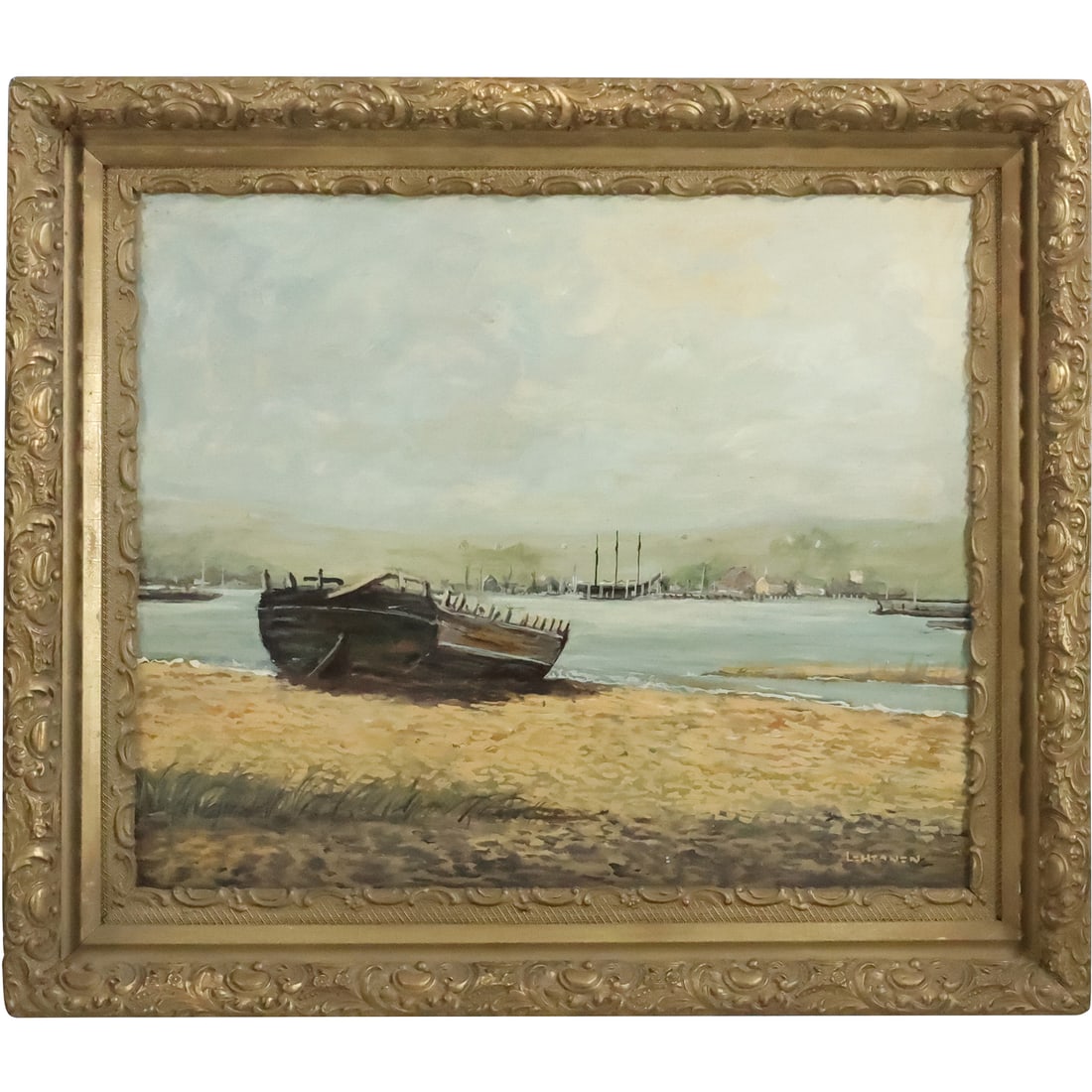Signed Lehtonen, Fine 20th C. Oil Painting on Canvas Boat on Shore, Framed (1 of 20)