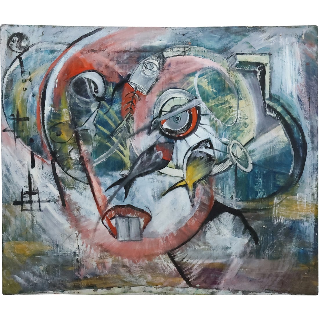 Fine 20th C. Oil on Canvas Painting Abstract with Fish 30 in. x 36 in. (1 of 20)