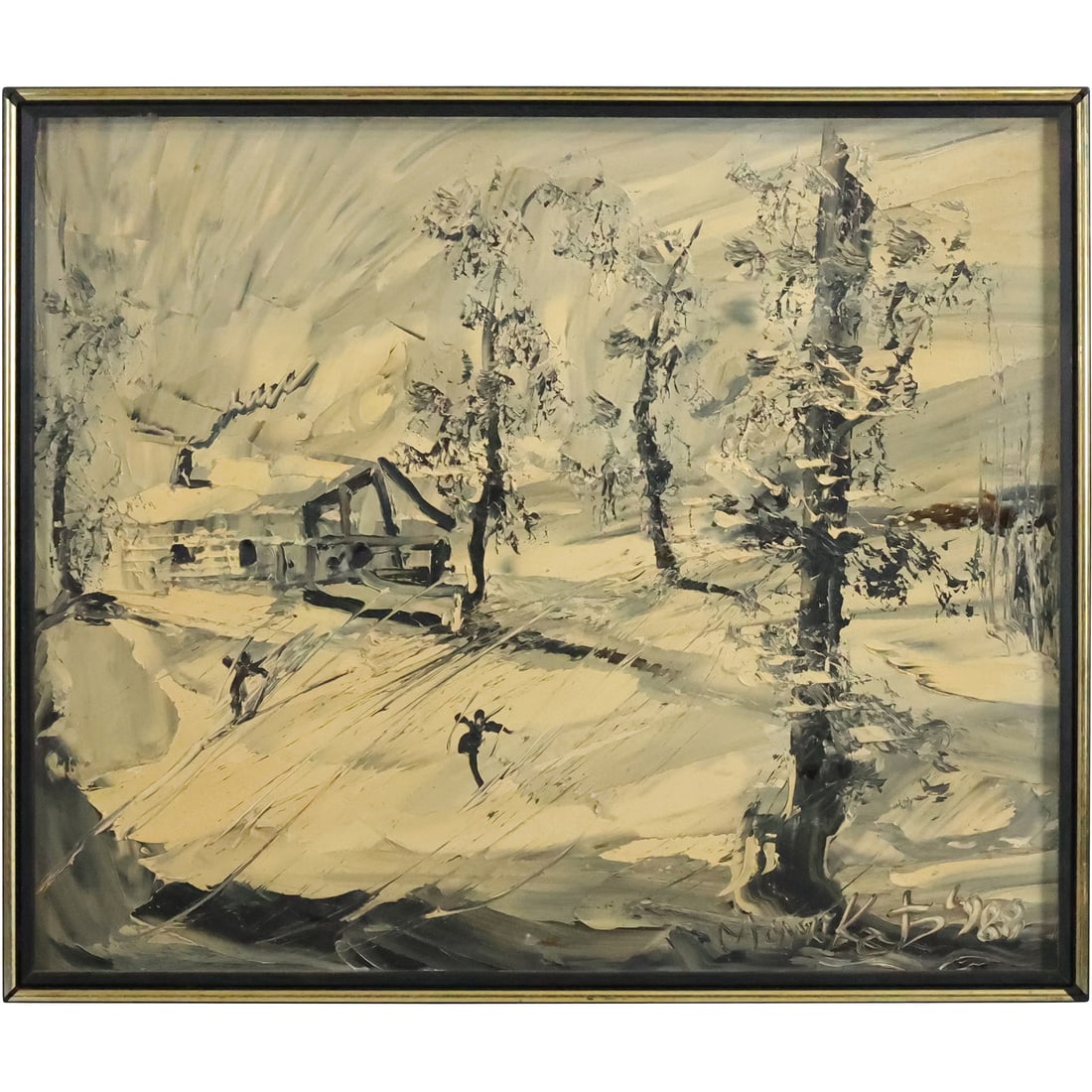 Morris Katz 1988, Jewish American, Acrylic Painting Skiing in the Catskills Winter Landscape (1 of 20)