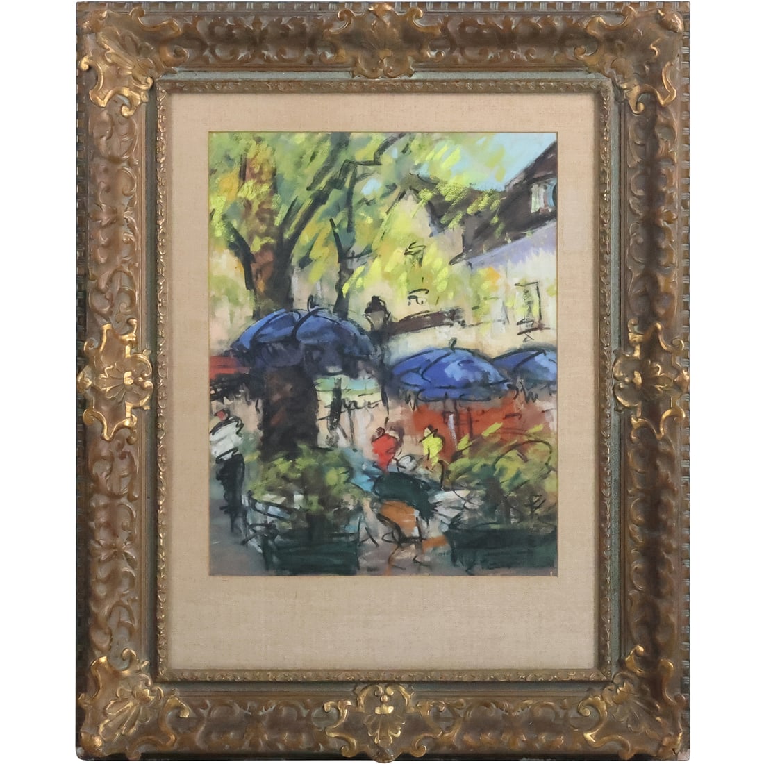 G Bergar, Fine French Pastel Painting of an Outdoor Cafe Scene, Framed: G Bergar, Fine French Pastel Painting of an Outdoor Cafe Scene, Framed. size: 18.25 x 14.25 matte, 31 x 25 outside frame