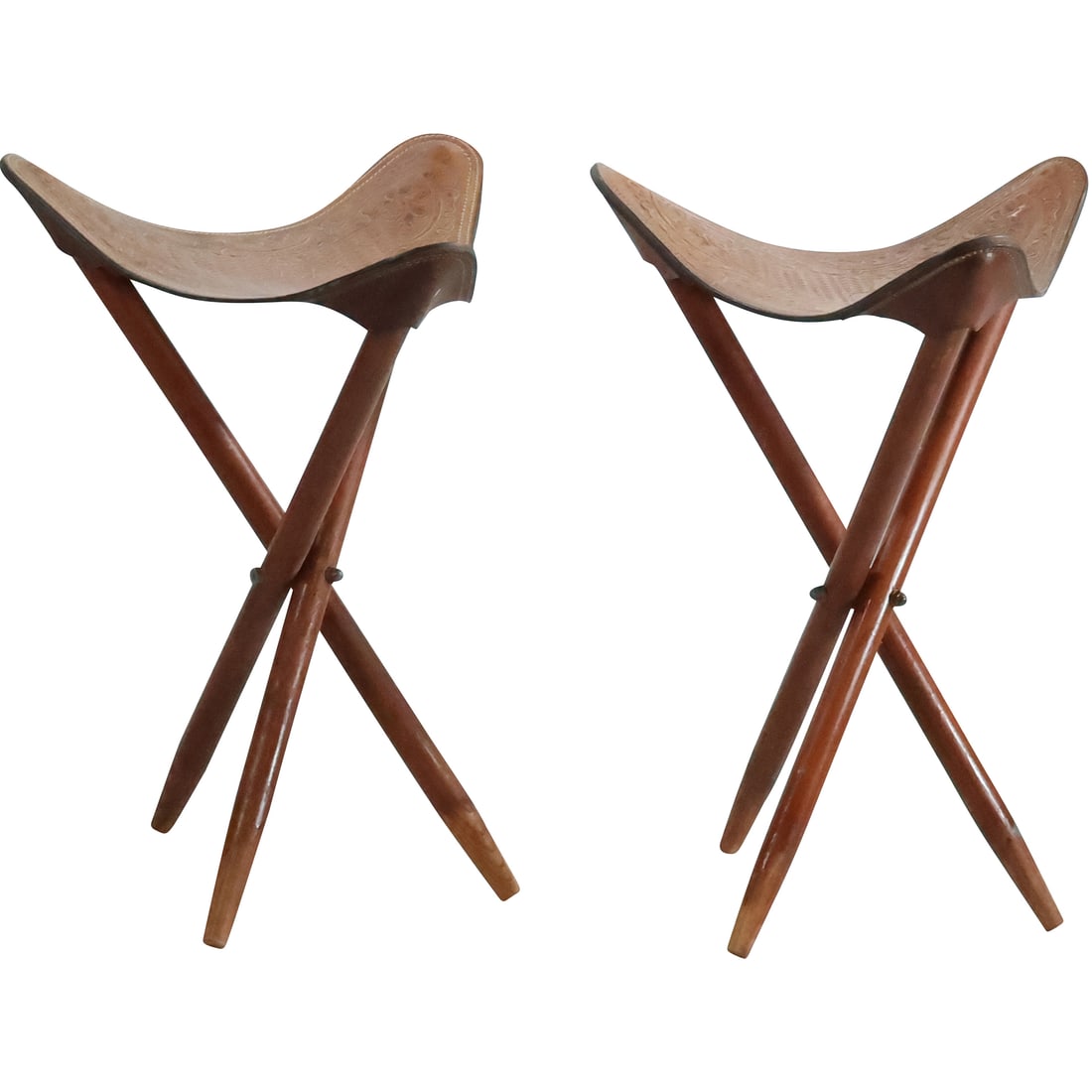 2 Folding Tripod Chairs with Hand Tooled Leather Seats Equestrian Horse Design (1 of 20)