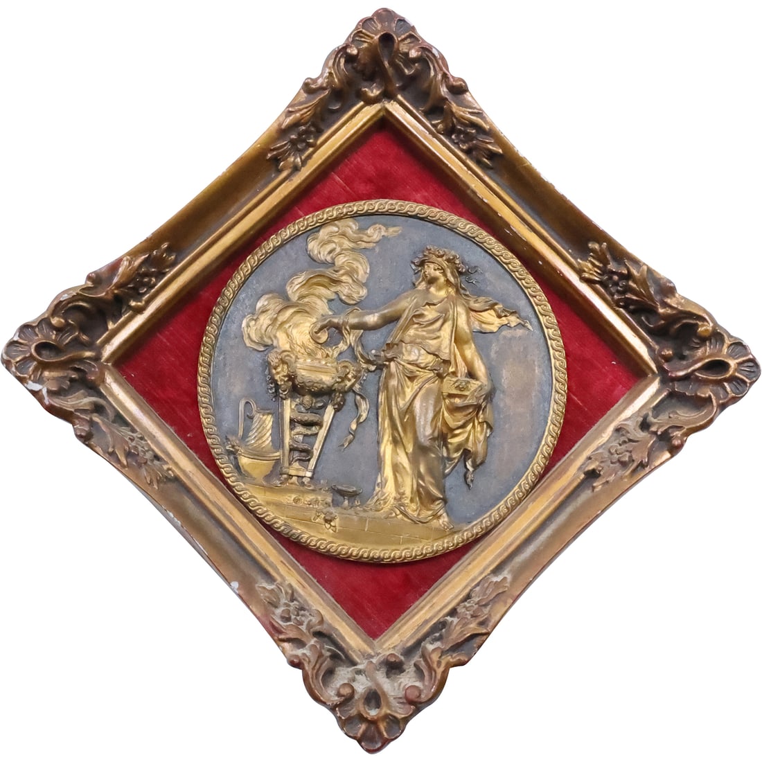 19th C. Small Bronze Neo Classical Round Plaque in Frame Maiden with Fiery Urn (1 of 20)