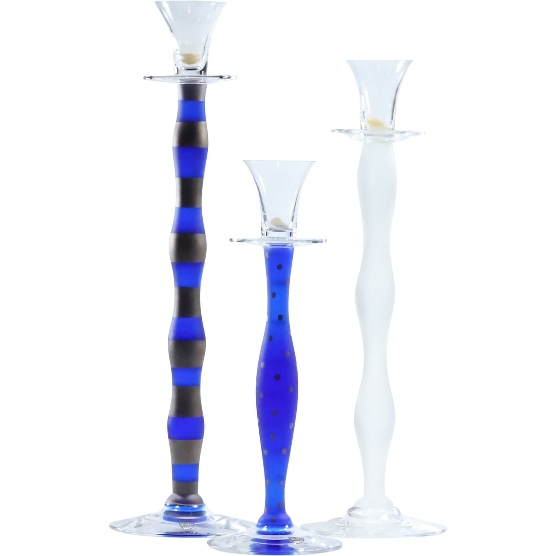 3 ORREFORS Tall Cobalt Blue and Crystal Glass Candlesticks Graduated Sizes 11.5, 14.5 & 16 in. (1 of 20)
