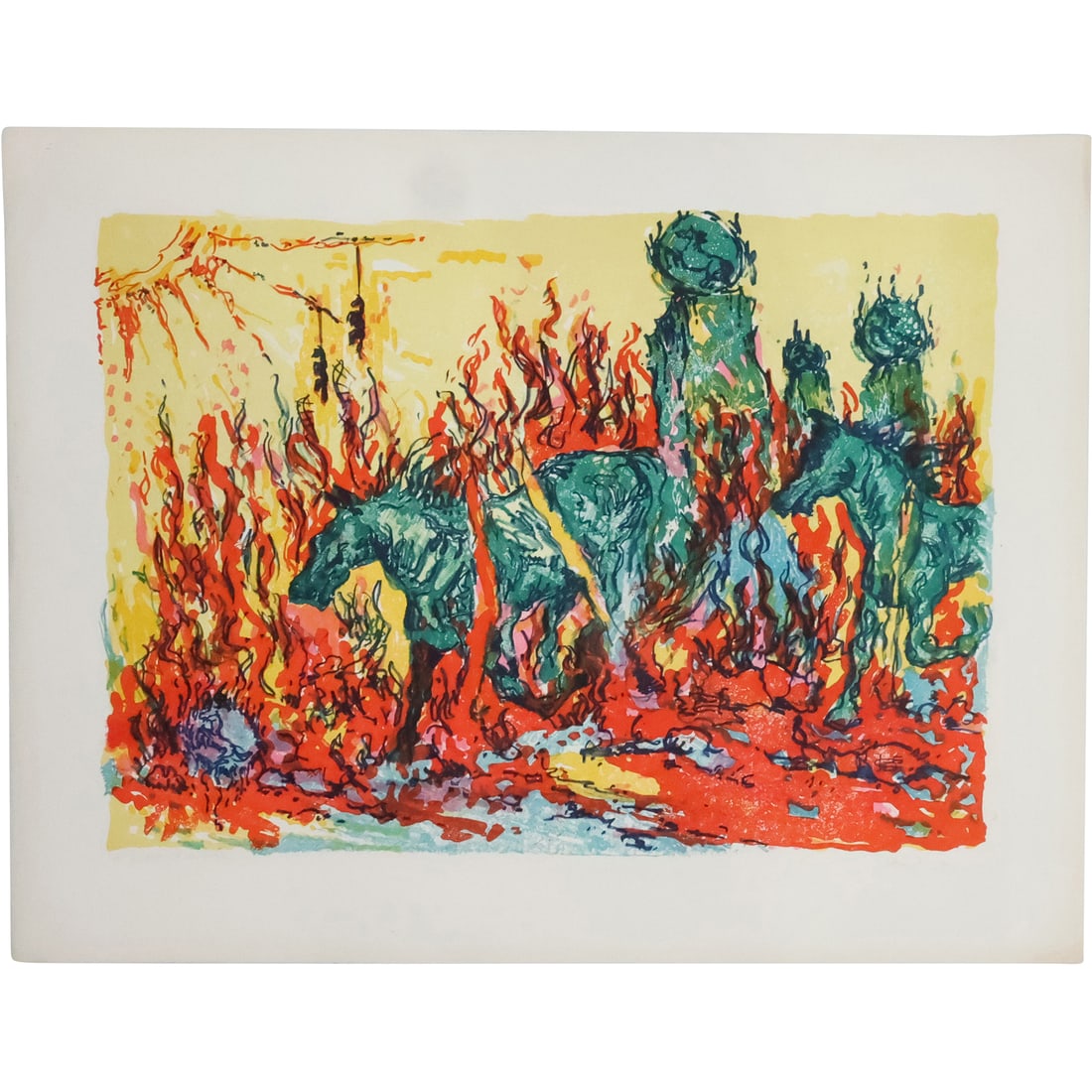 Signed Illegible Color Lithograph Surrealist Horses Running Through Fiery Landscape (1 of 20)