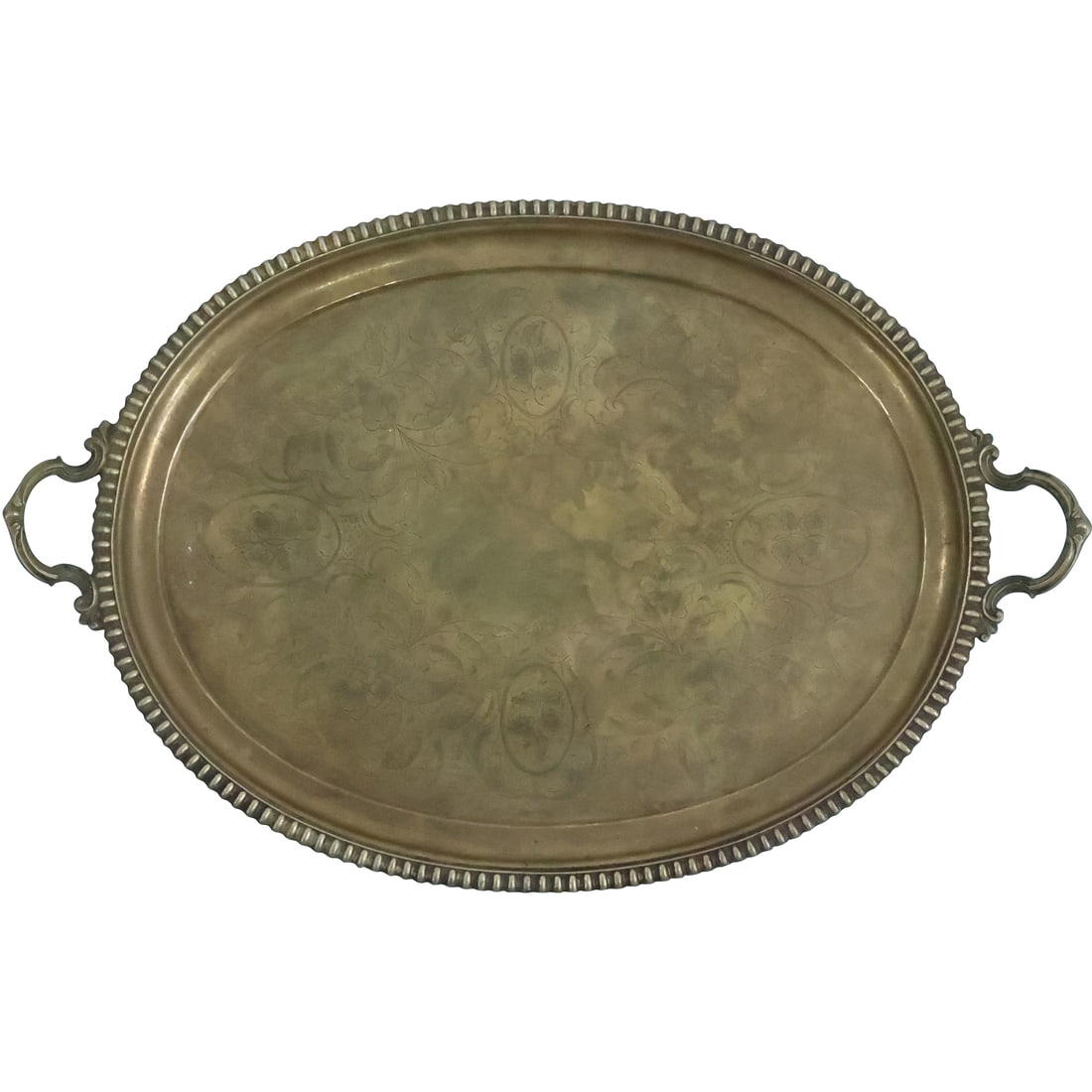 Vintage Brass Hand Tooled Design Oval Serving Tray with Handles 27.5 in. length (1 of 20)