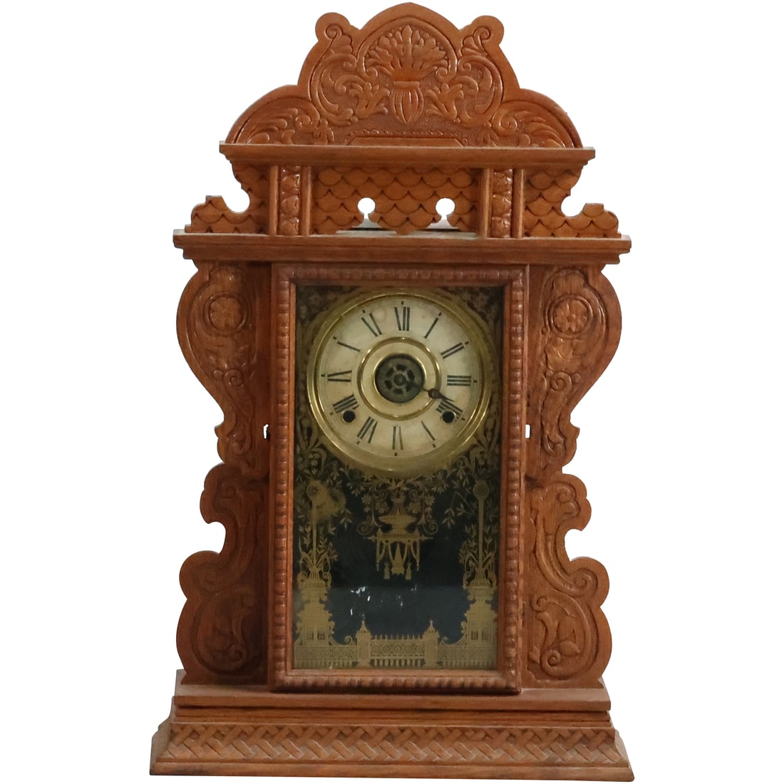 Welch Fancy Victorian Oak Gingerbread Mantle Clock 15 inches height x 15.75 in. wide (1 of 20)