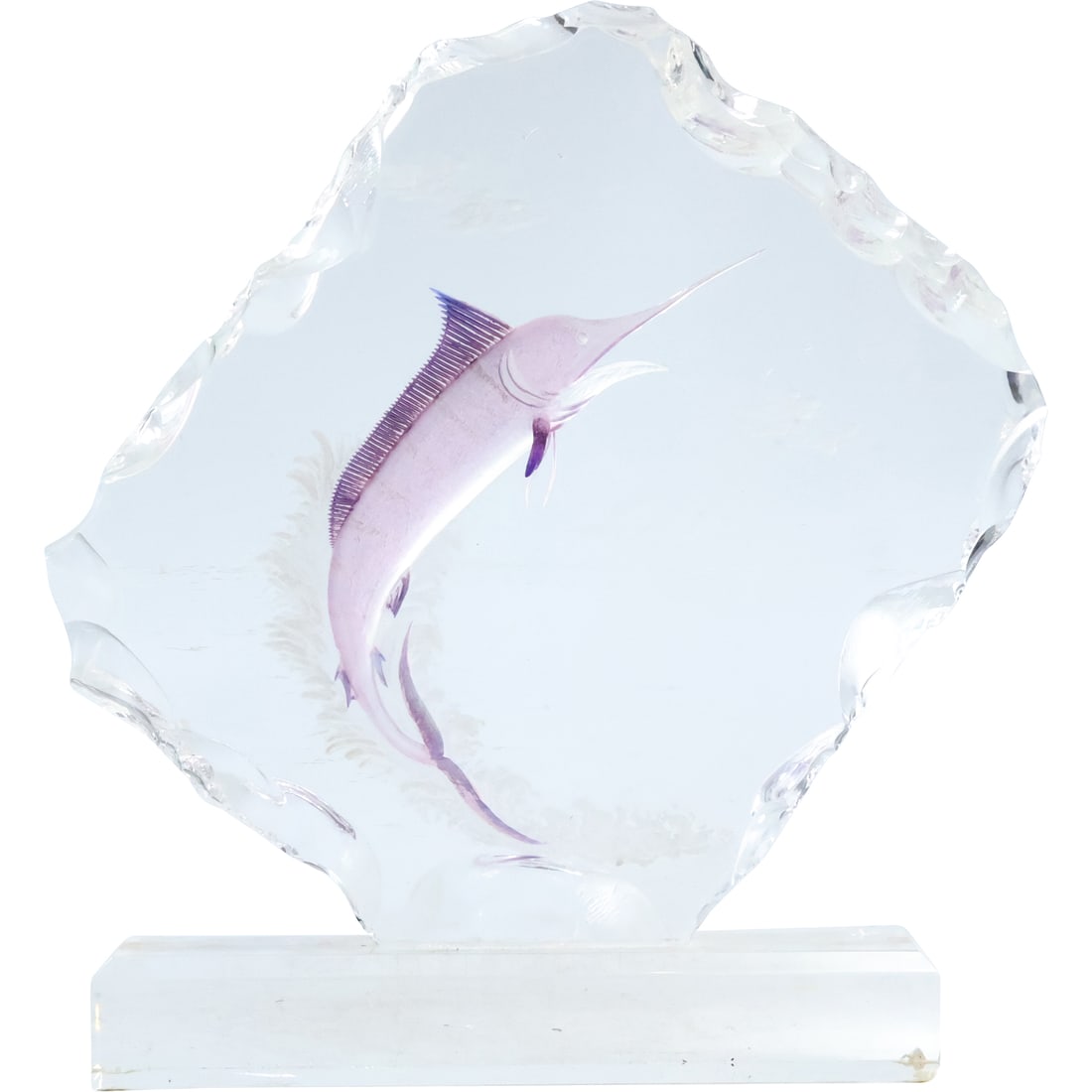 Lucite Sculpture with Etched Marlin Fish 13 in. height x 12.5 in. wide: Lucite Sculpture with Etched Marlin Fish 13 in. height x 12.5 in. wide. size: 13 x 12.5 x 3