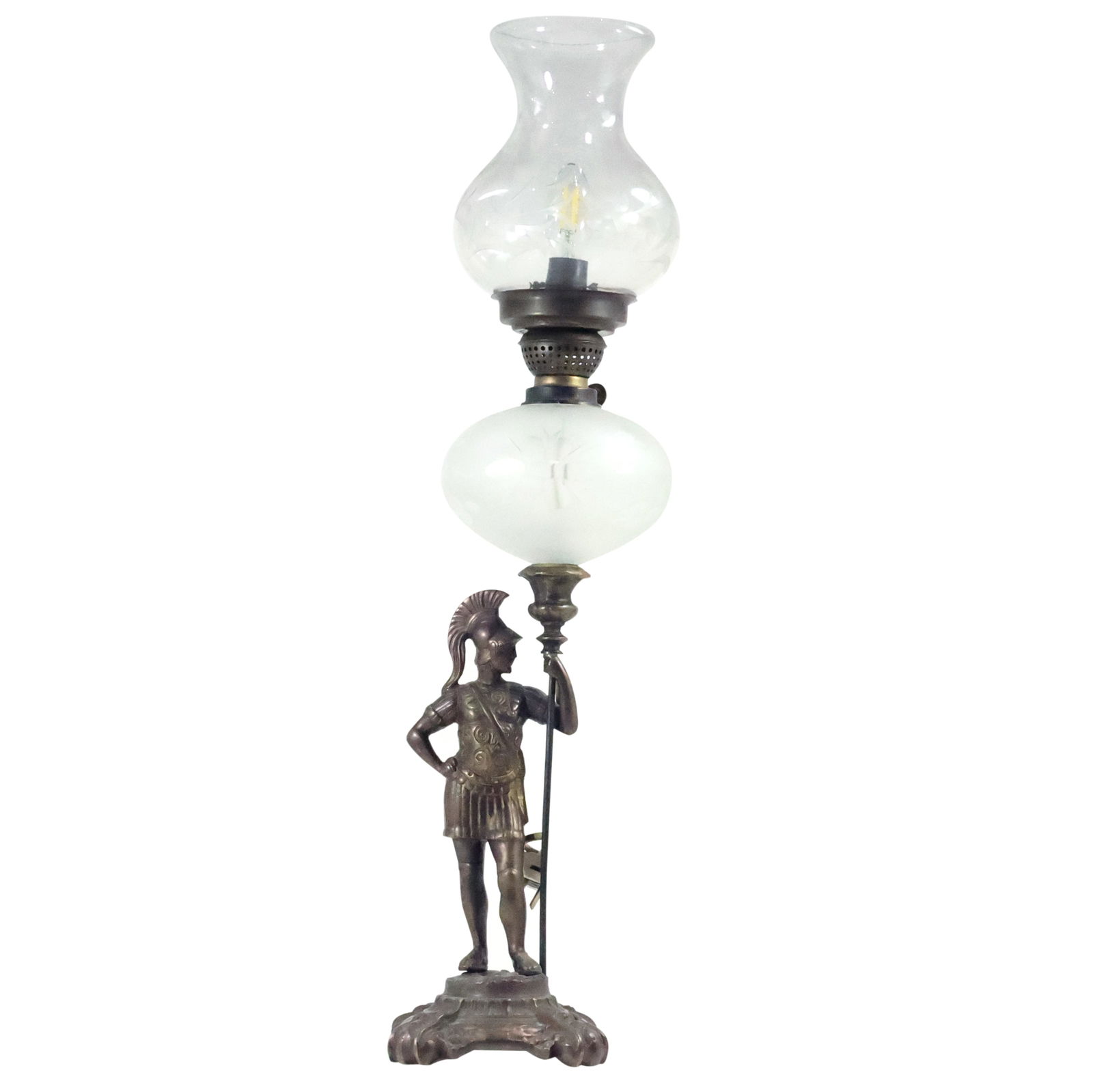 19th C. Cast Bronze Roman Warrior Figurative Lamp with Cut Glass Font, Electrified 27 in. height (1 of 20)