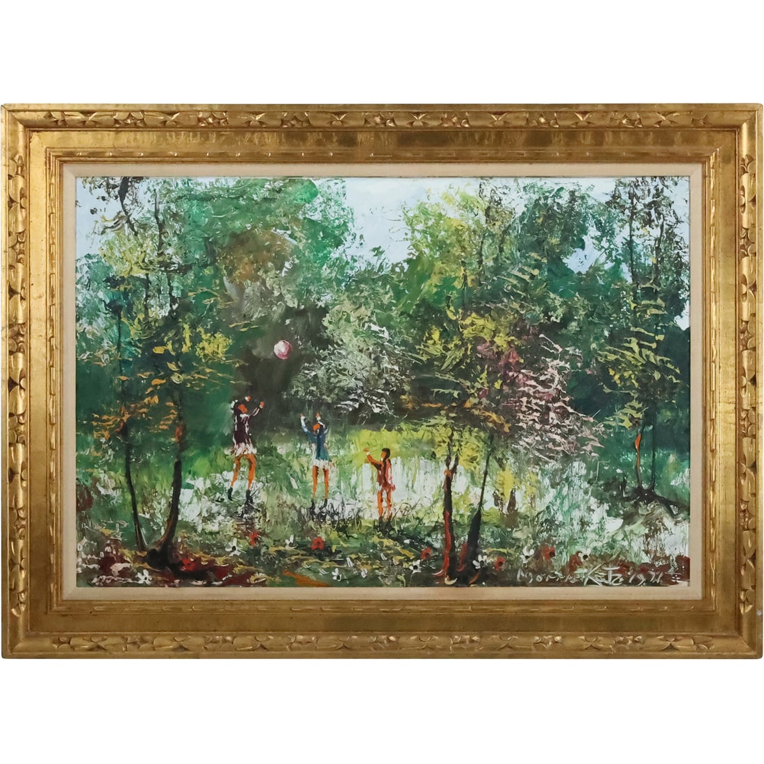 Morris Katz 1971, Jewish American, Acrylic Painting, Children Playing Ball in The Castkills: Morris Katz 1971, Jewish American, Acrylic Painting, Children Playing Ball in The Castkills. Well Listed Artist. size: 24 x 36, 32 x 44 outside frame. ASKart: Morris Katz (born Moshe Katz on March 5,