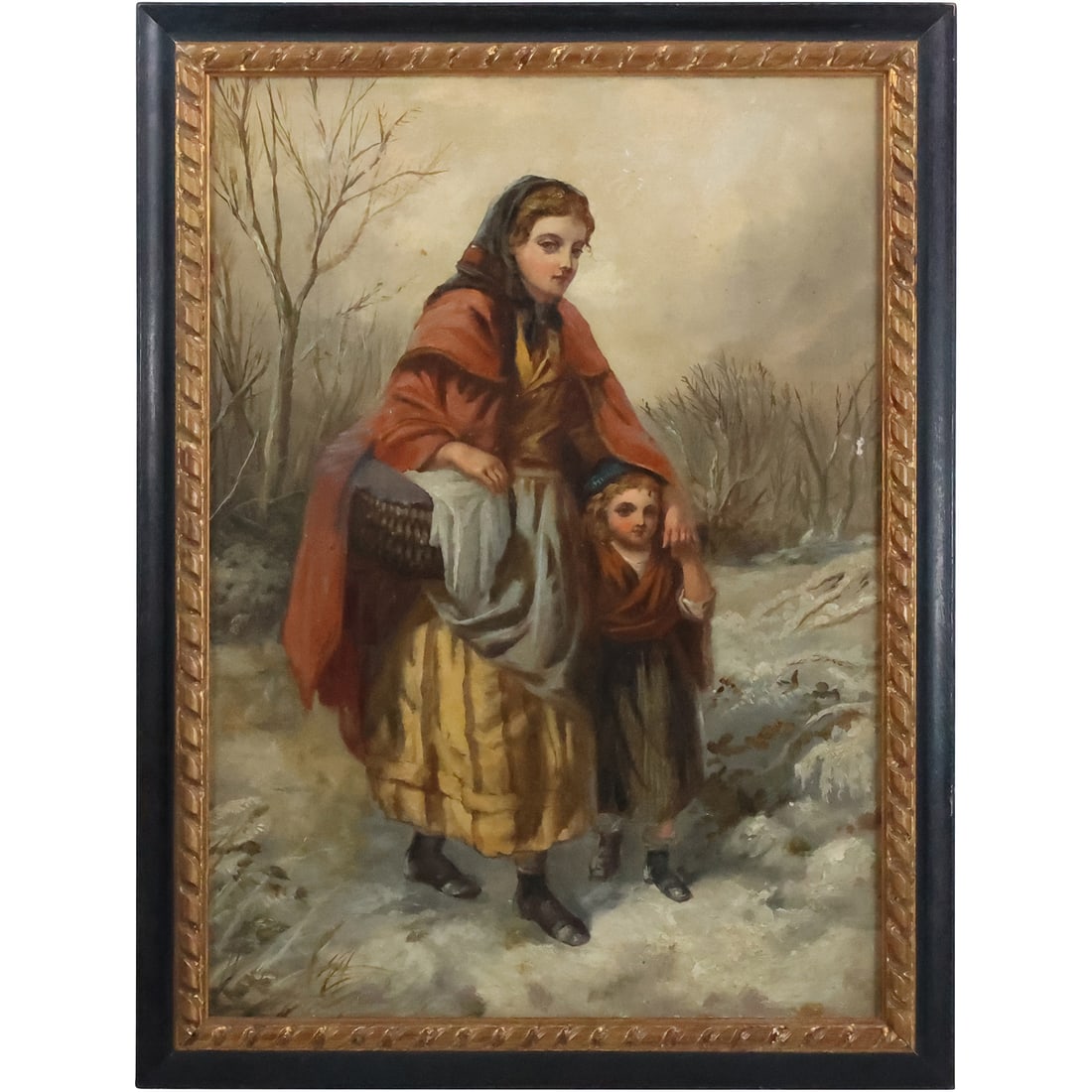 19th C. Oil on Canvas Painting Woman and Child Walking in Winter Landscape, Framed (1 of 20)