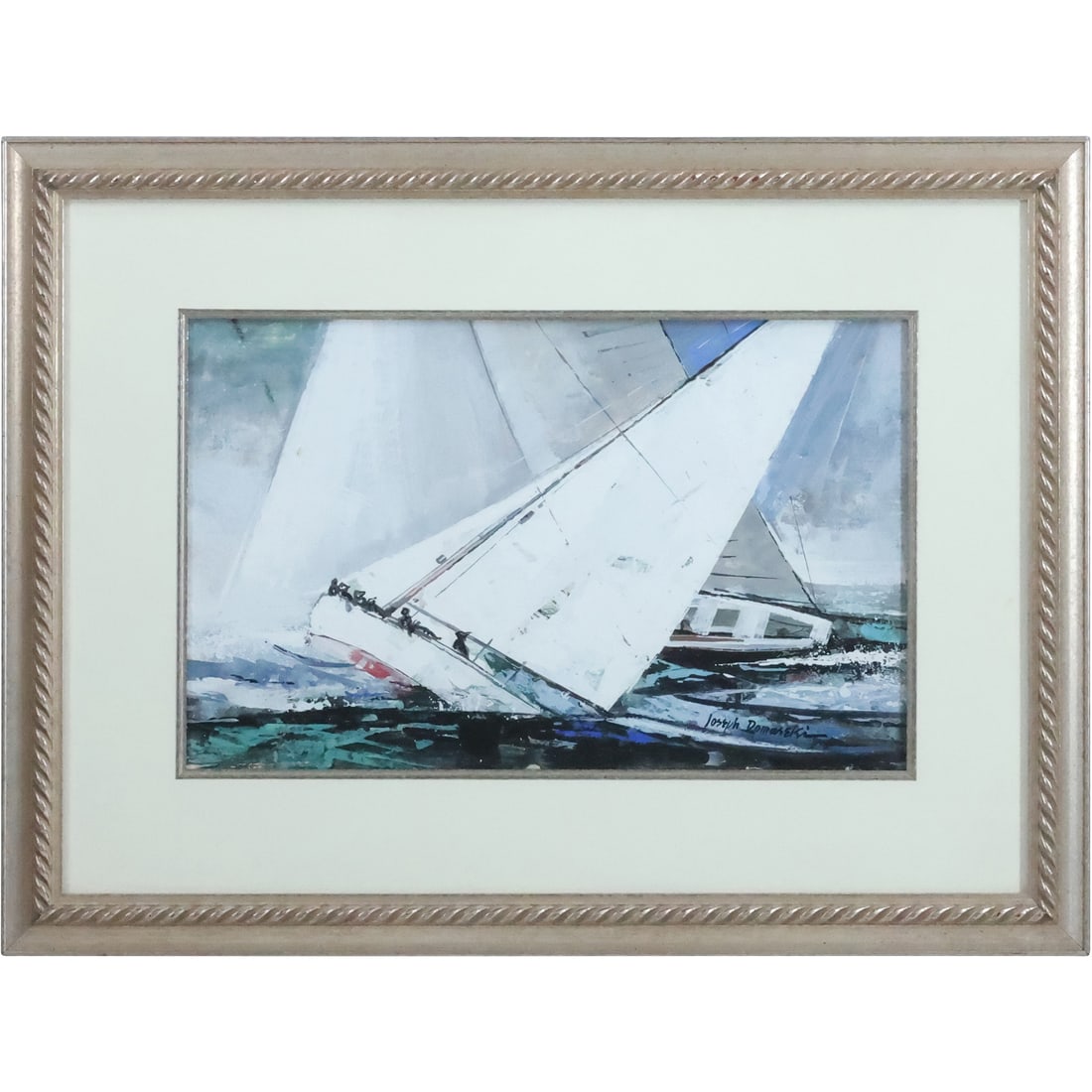 Joseph Domareki, American, Watercolor Painting Racing Sailboats, Signed, Framed: Joseph Domareki, American, Watercolor Painting Racing Sailboats, Signed, Framed. size: 9.5 x 15.5 matte, 17.5 x 23.25 outside frame. ASKart: Joseph Theodore Domareki (Born 1914) is active/lives in New