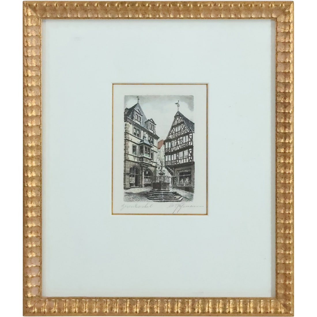 Artist Signed Etching with Aquatint Accents Bernkastel Karloy Square with Fountain, Framed: Artist Signed Etching with Aquatint Accents Bernkastel Karloy Square with Fountain, Framed. size: 5.5 x 4 matte, 13.25 x 11.25 outside frame