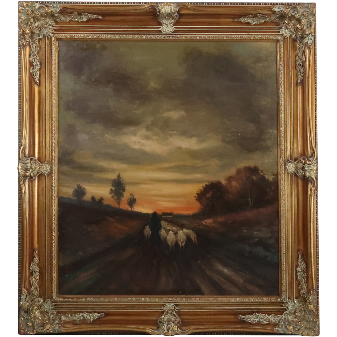 Signed Illegible Oil on Canvas Painting Herding Sheep on Country Dirt Road Landscape (1 of 20)