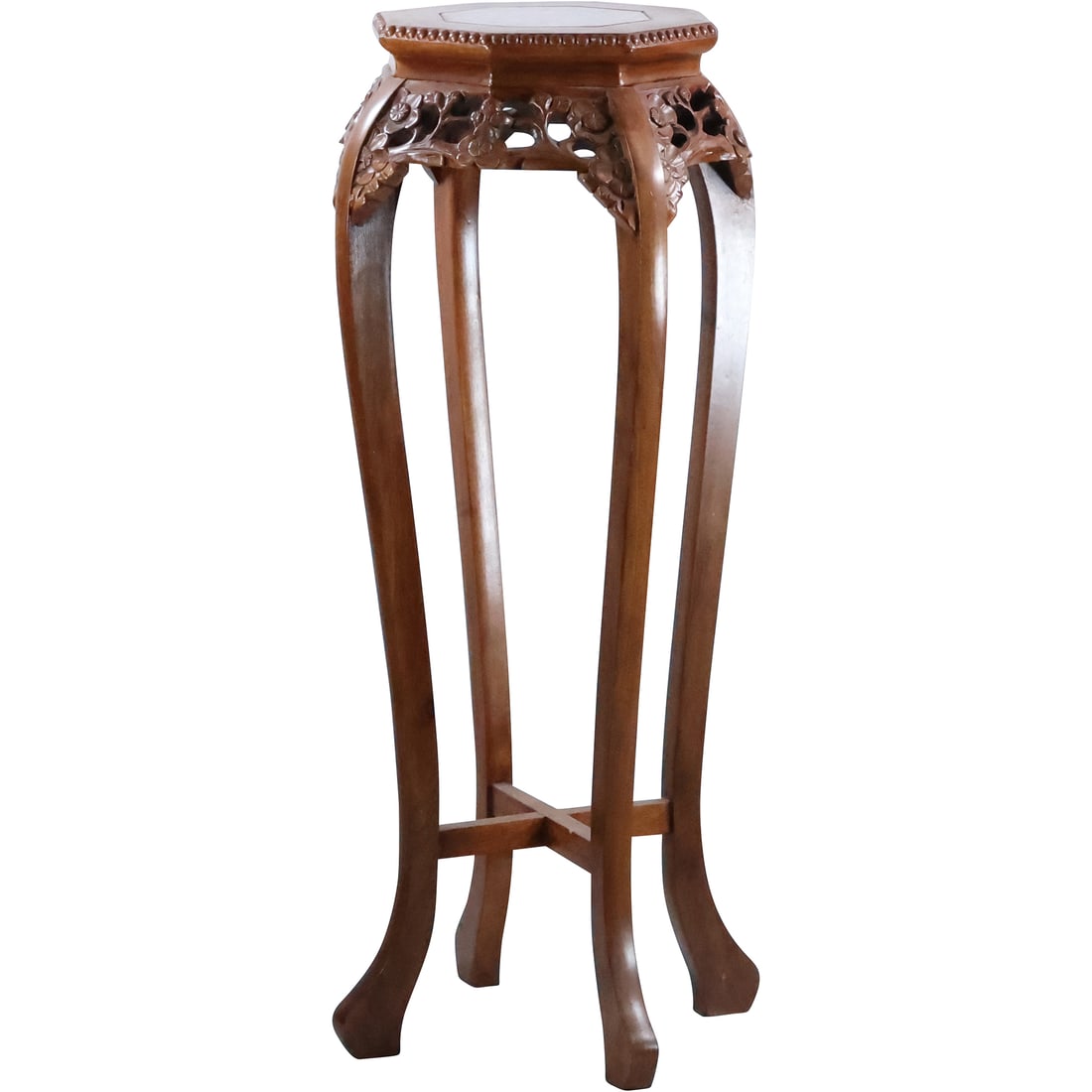 Tall Chinese Carved Wooded Taboret Stand with Inset Rose Marble Top 35.5 inches height (1 of 20)