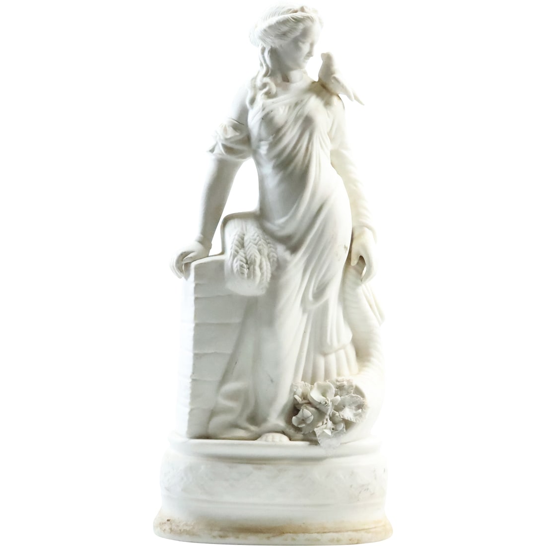 19th C. Parian Bisque Porcelain Statue Maiden with Dove and Harvest Bounty 13.5 in. height (1 of 20)