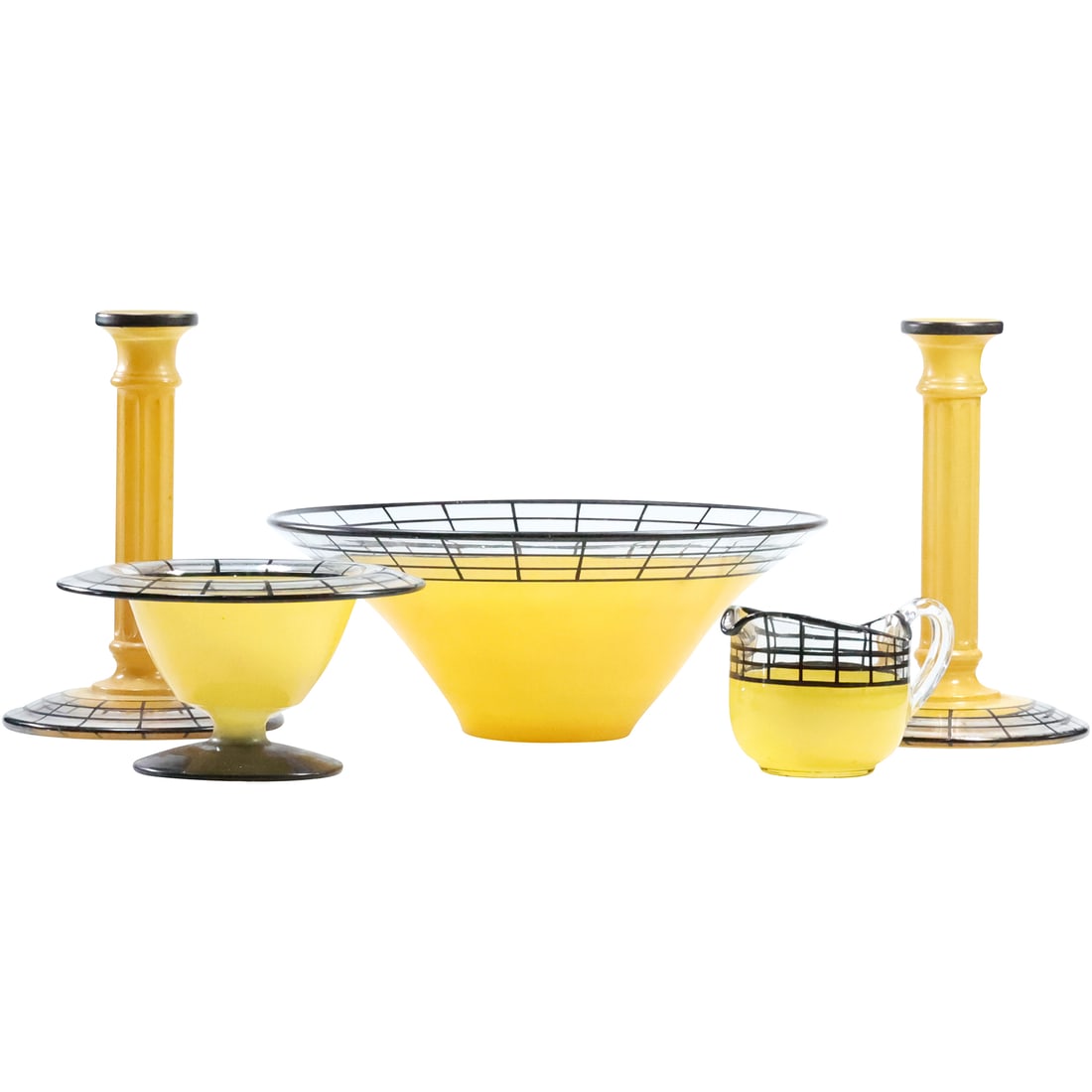 5-Piece Art Deco Yellow Glass with Black Lines Accents Pair Candlesticks, Center Bowl, Pitcher, Bowl (1 of 19)