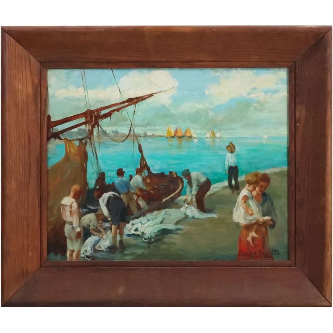 A Bazzato, Circa 1930 Oil on Board Painting Italian Harbor Scene, Signed, Framed (1 of 20)