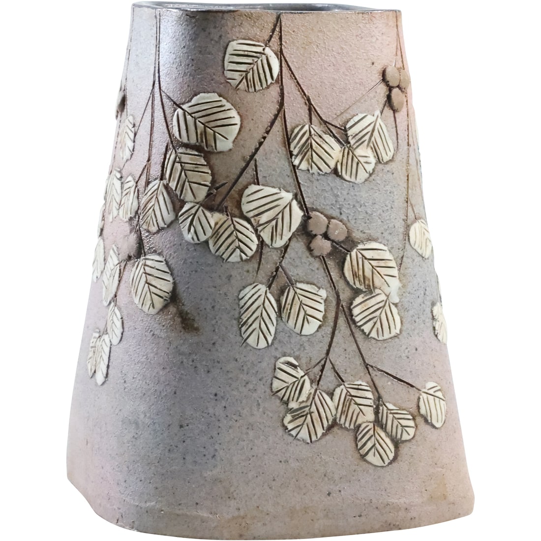 Unique Signed Asian Art Pottery Vase with Leaves and Berries Decoration 6.75 in. height (1 of 20)