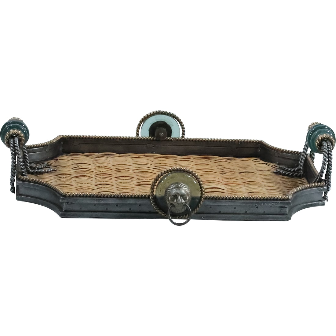 MAITLAND SMITH Serving Tray in Wicker, Metal, Blown Glass, Lion Door Knocker Side Accents (1 of 20)