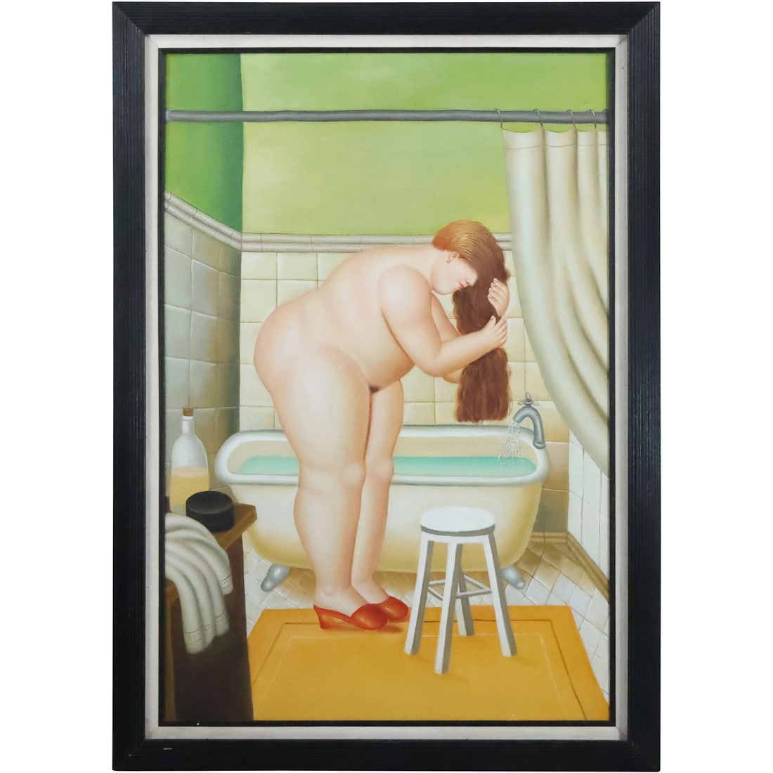 after Fernando Botero, Nude Woman in Bathroom, Giclee on Canvas, Framed: after Fernando Botero, Nude Woman in Bathroom, Giclee on Canvas, Framed. size: 36 x 24, 41.25 x 29.25 outside frame
