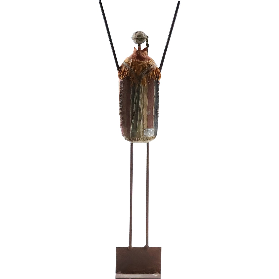 Folk Art Fabric and Steel Standing Tribal Figure Sculpture 25 inches height: Folk Art Fabric and Steel Standing Tribal Figure Sculpture 25 inches height. size: 25 x 4 x 2.5