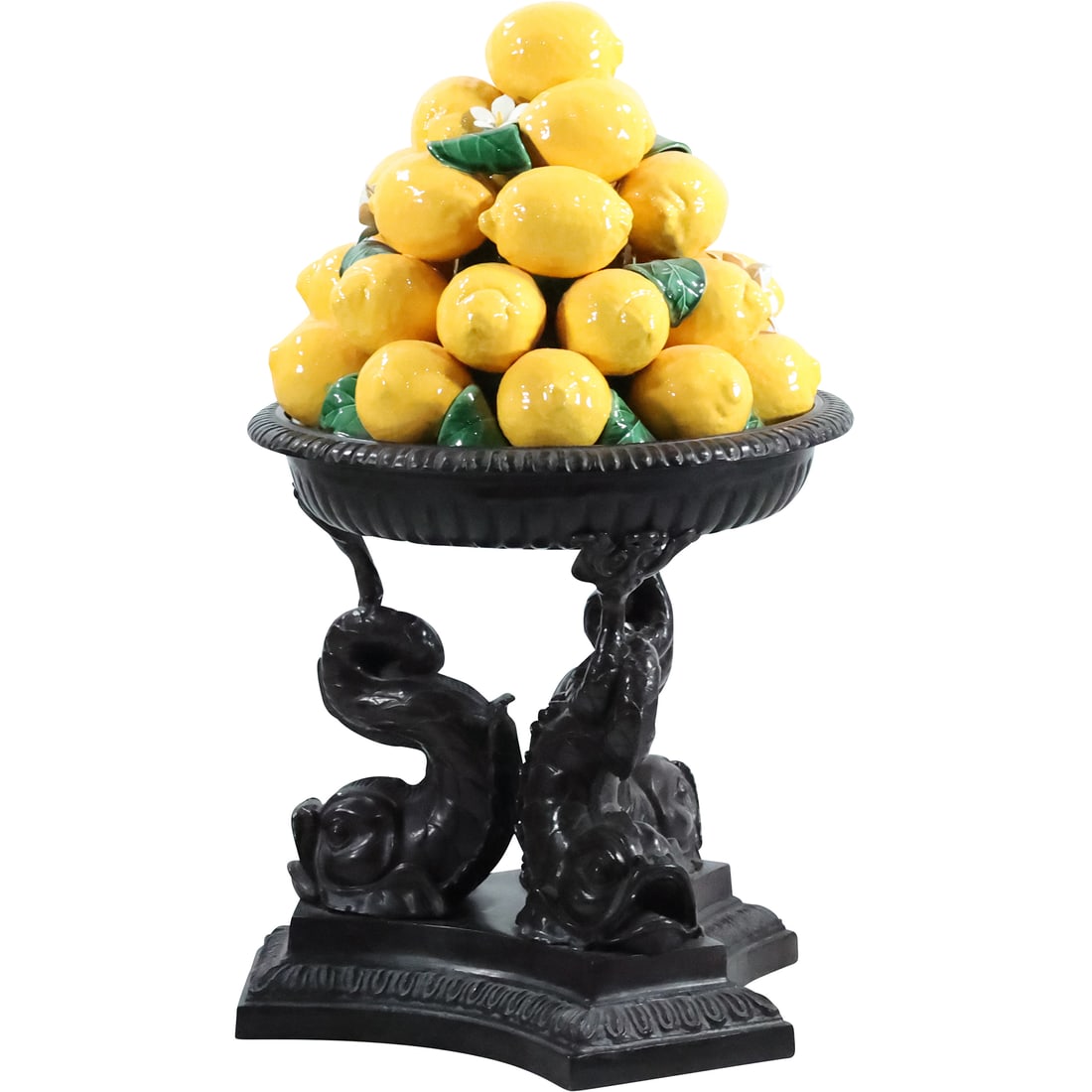 Fabulous MAITLAND SMITH Bronze Dolphins Base Urn with Ceramic Lemons Top 26 in. height: Fabulous MAITLAND SMITH Bronze Dolphins Base Urn with Ceramic Lemons Top 26 in. height. size: 26 in. height x 14 in. diameter