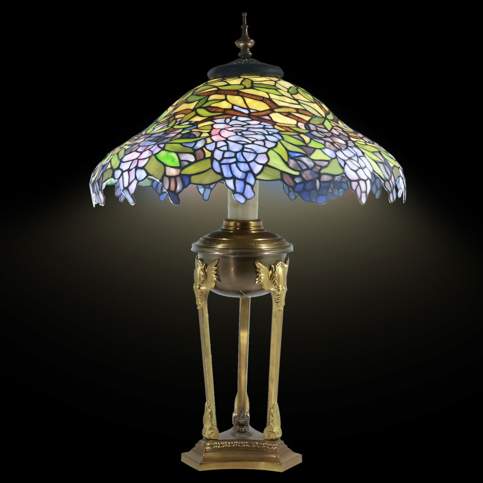 20th C. Decorative Leaded Glass Table Lamp Grapes Motif on Urn Form Base 32 in. overall height (1 of 20)