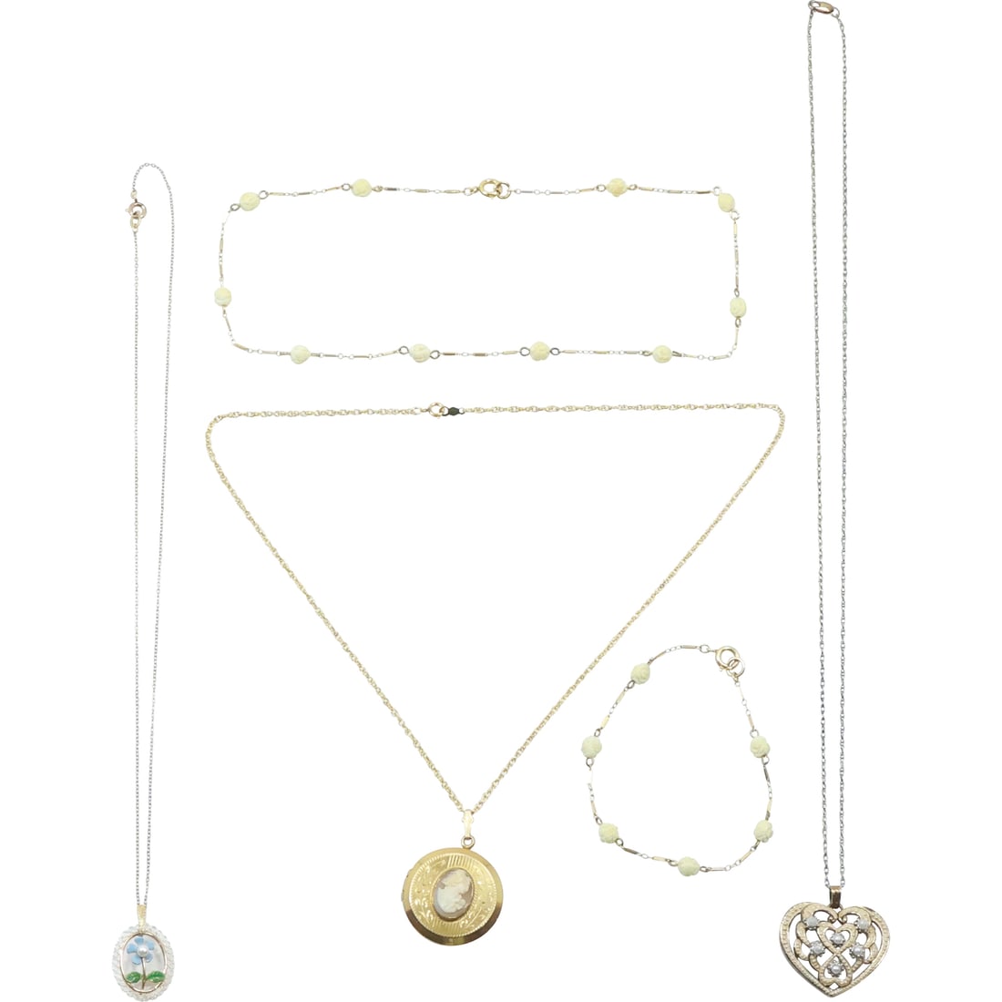 [5] Assorted: GF Cameo Locket on 18 in. 12K GF Chain; Sterling Heart with Faux Pearls Necklace,: [5] Assorted: GF Cameo Locket 1 1/8 in. dia. on 18 in. 12K GF Chain; Sterling Heart with Faux Pearls 1 in. x 1 1/4 in. Necklace on .925 Sterling 22 in. chain, Enameled Flower Pendant 1 in. x 5/8 in. o