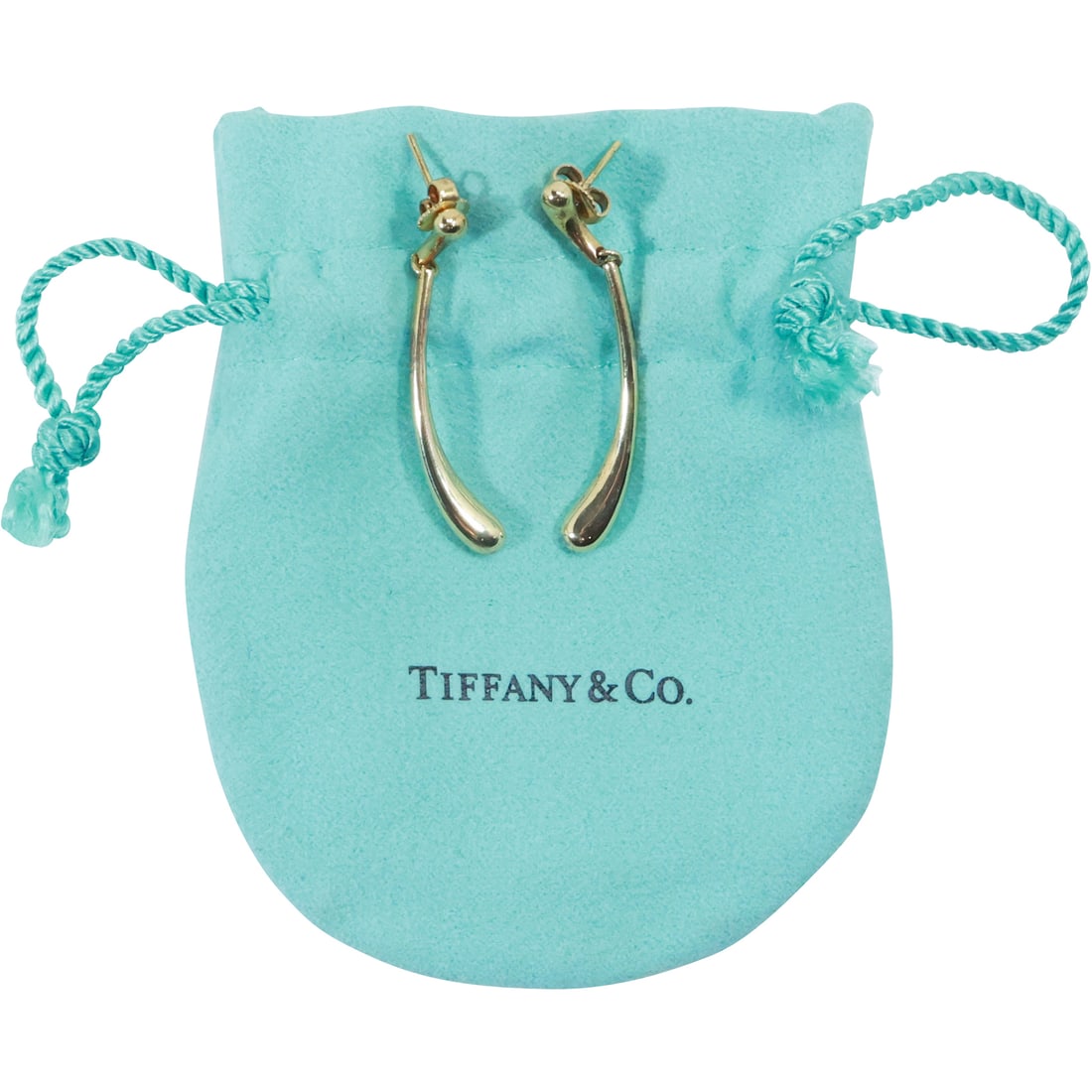 TIFFANY & CO 18K GOLD 750 Elsa Peretti Spain Earrings, with Fabric Pouch, 1 3/4 in. x 1/4 in.: TIFFANY & CO 18K GOLD 750 Elsa Peretti Spain Earrings, with Fabric Pouch, 1 3/4 in. x 1/4 in.