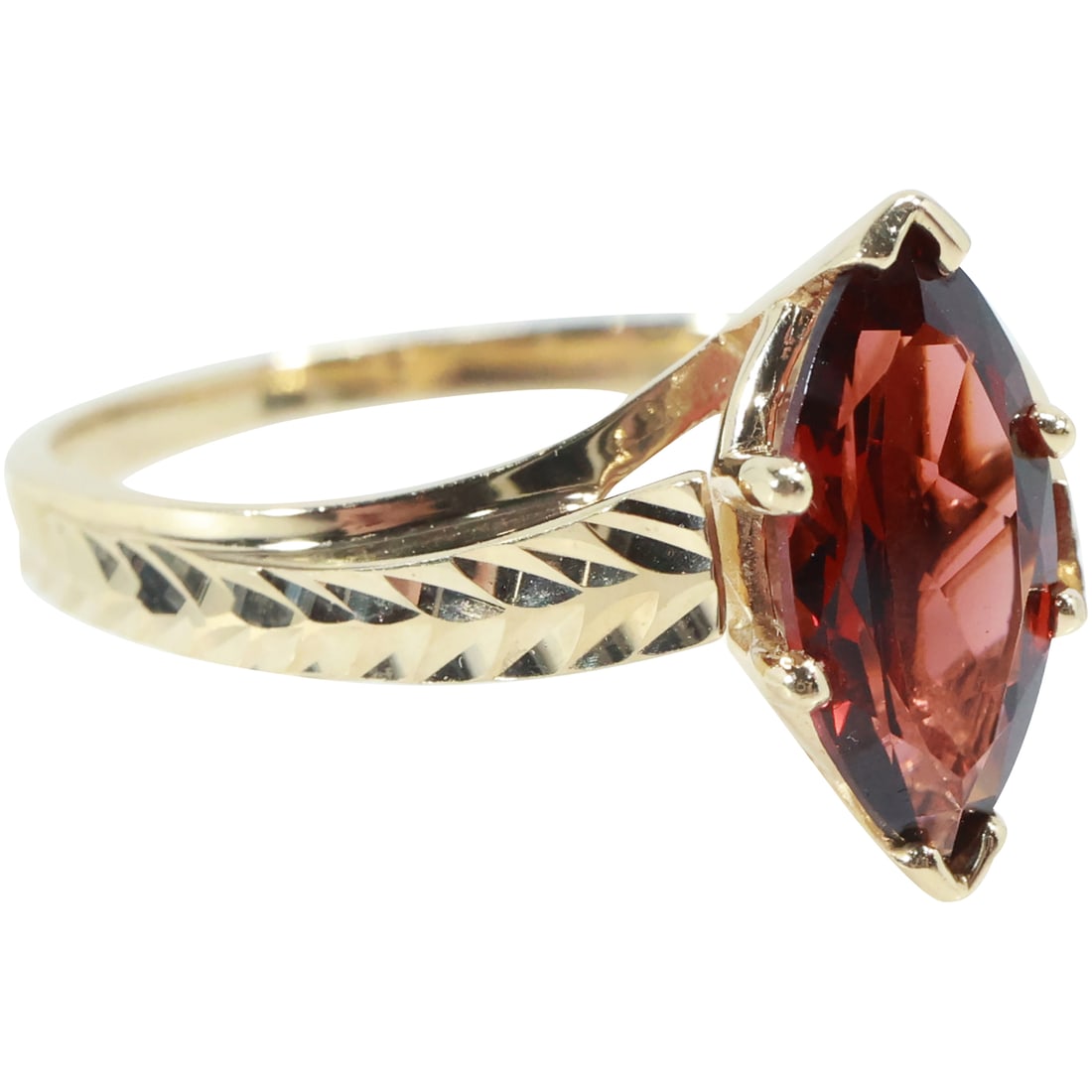 14K GOLD with Garnet Etched Band Ring Size 9, 1.9 dwt., 3/4 in. x 1/2 in.: 14K GOLD with Garnet Etched Band Ring Size 9, 1.9 dwt., 3/4 in. x 1/2 in.