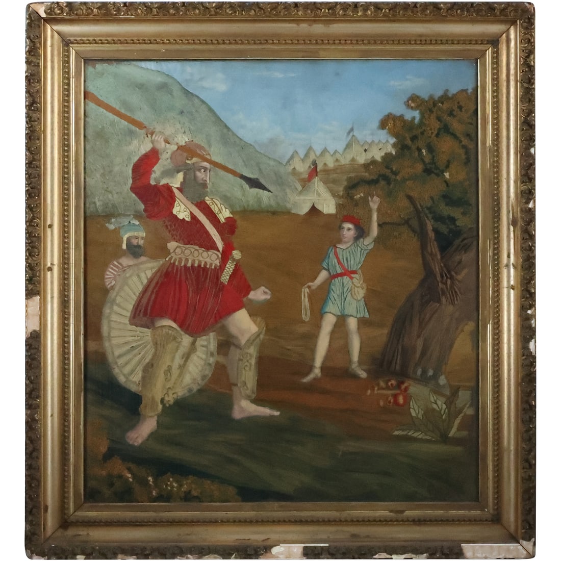 Superb 19th C. Textile Embroidered Art  DAVID and GOLIATH with an Offering, Framed (1 of 20)