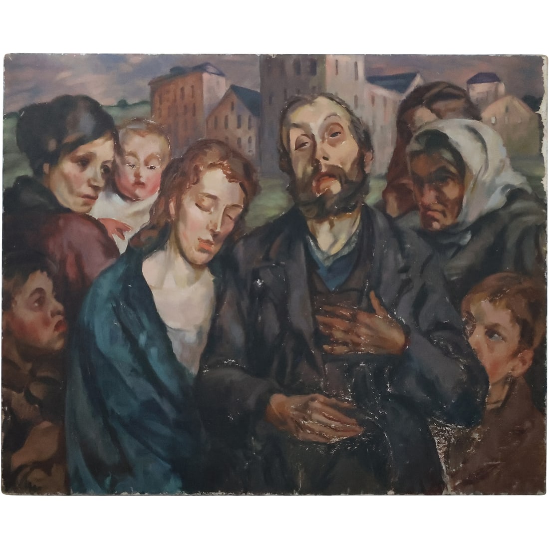Circa 1930s Large Oil on Canvas Painting Farewell Gathering of Figures Depression Era (1 of 20)