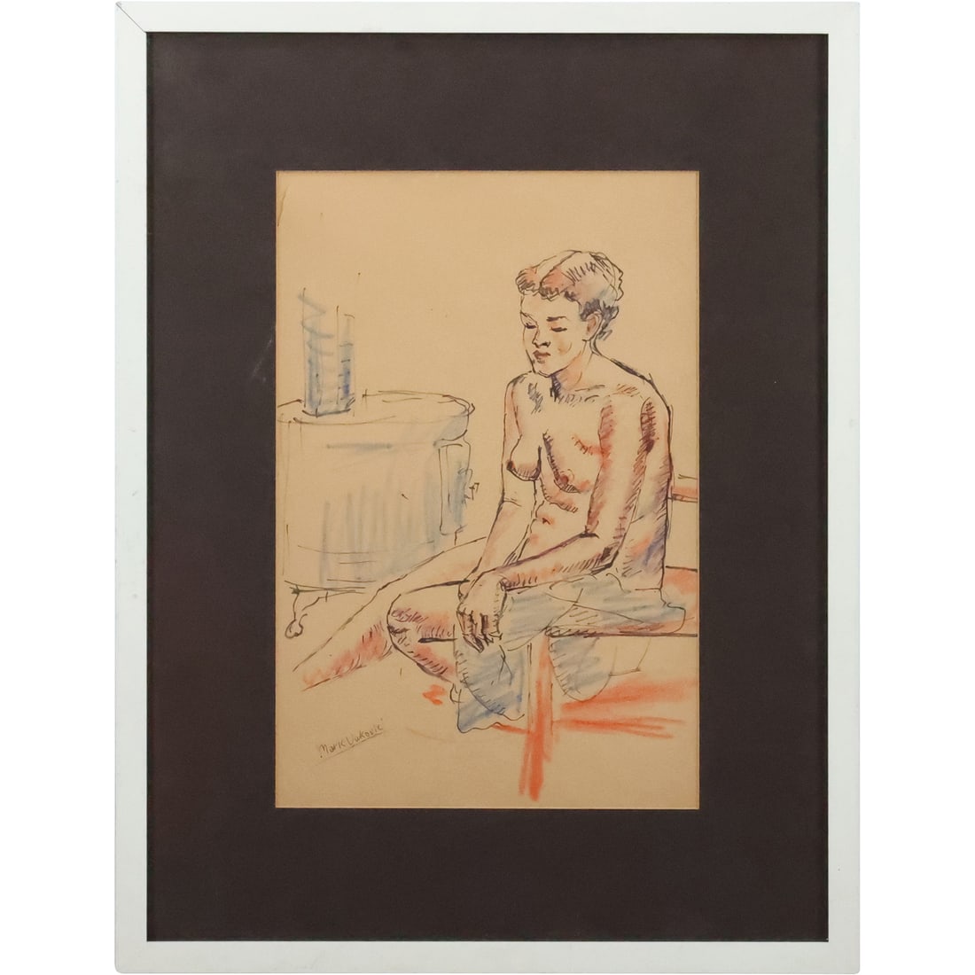 Mark Vukovic, Drawing of a Seated Nude in Interior, Signed, Framed: Mark Vukovic, Drawing of a Seated Nude in Interior, Signed, Framed. Well Listed Artist. size: 16.5 x 11 matte, 25.25 x 19.25 outside frame. ASKart: Marko (Mark) Walker Vukovic (1892 - 1973) was active