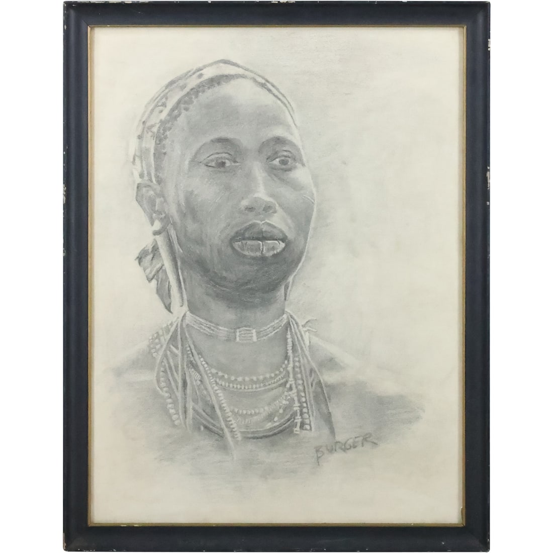 Signed Burger, Fine Quality Vintage Graphite Drawing Portrait of an African Princess, Framed (1 of 20)