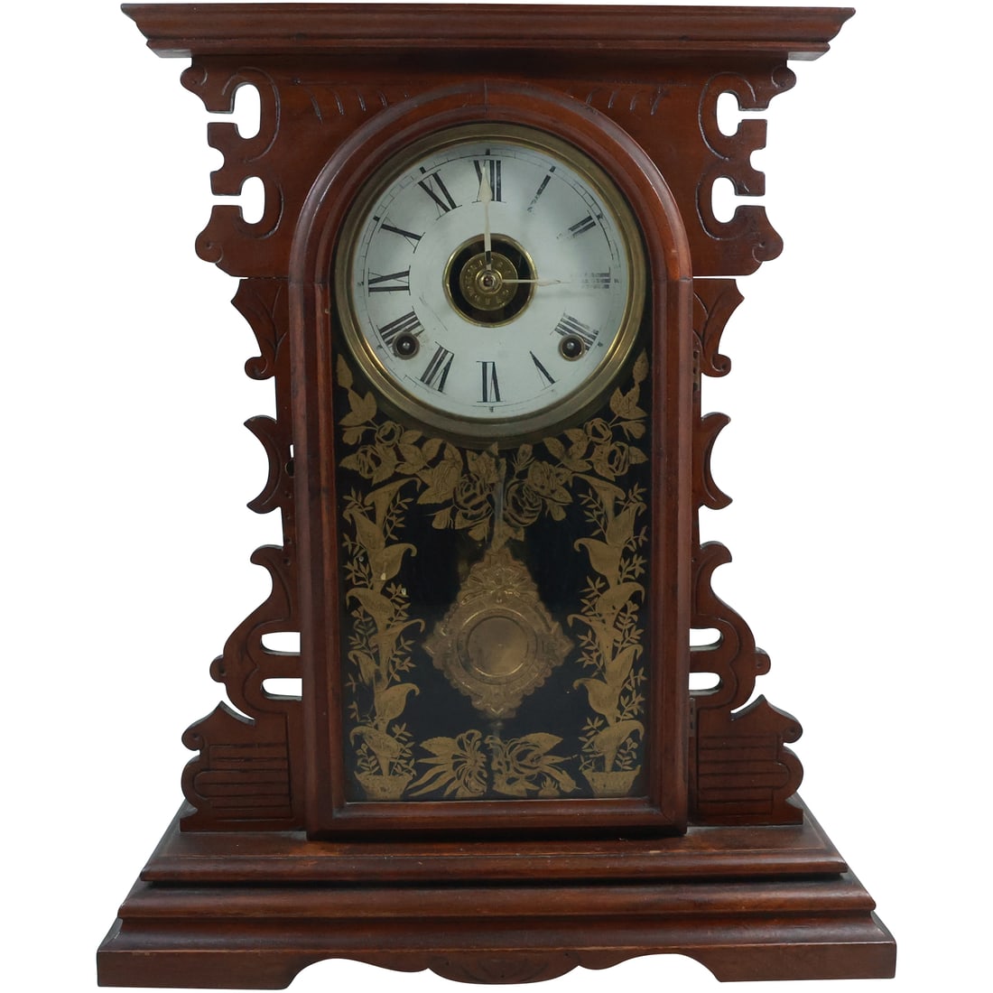 Antique Walnut Victorian Kitchen Mantle Clock with Original Pendulum and Key, 18 in. height (1 of 18)